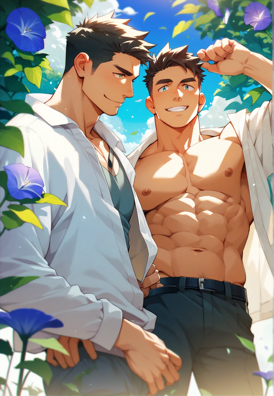 a man standing on the steppe at a distance,Quiet and comfortable background, wears a classic shirt that fits perfectly,Handsome face,eyes with brightness,The man looks confident and determined,looking-down,Crew cut,full bodyesbian,beautiful clouds, water, daytime sky highlights background
