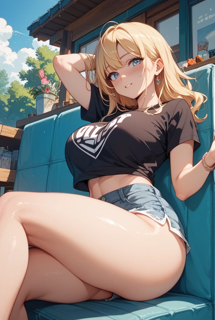 Masterpiece, Ultra High quality, 4k, intricate details, gorgeous elf woman, mature:1.4, slim thick build:1.2, blonde hair, updo, mw, large breasts, black tank top, tight denim shorts, combat boots,on a dock, sitting on a railing, cute posture, head tilt