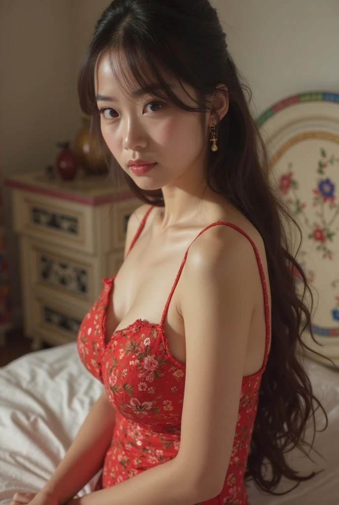 Prompt
Thai woman sexy pose, a turquoise cushioned stool in a warmly lit, traditional room. The woman wears a cleavage red floral dress with delicate lace trim, She gazes thoughtfully into the distance, her expression contemplative and serene. The background features a wooden dresser adorned with a framed photograph, brass vases, and a bouquet of flowers, enhancing the nostalgic and intimate atmosphere of the scene. The lighting casts gentle shadows, creating a timeless, melancholic mood