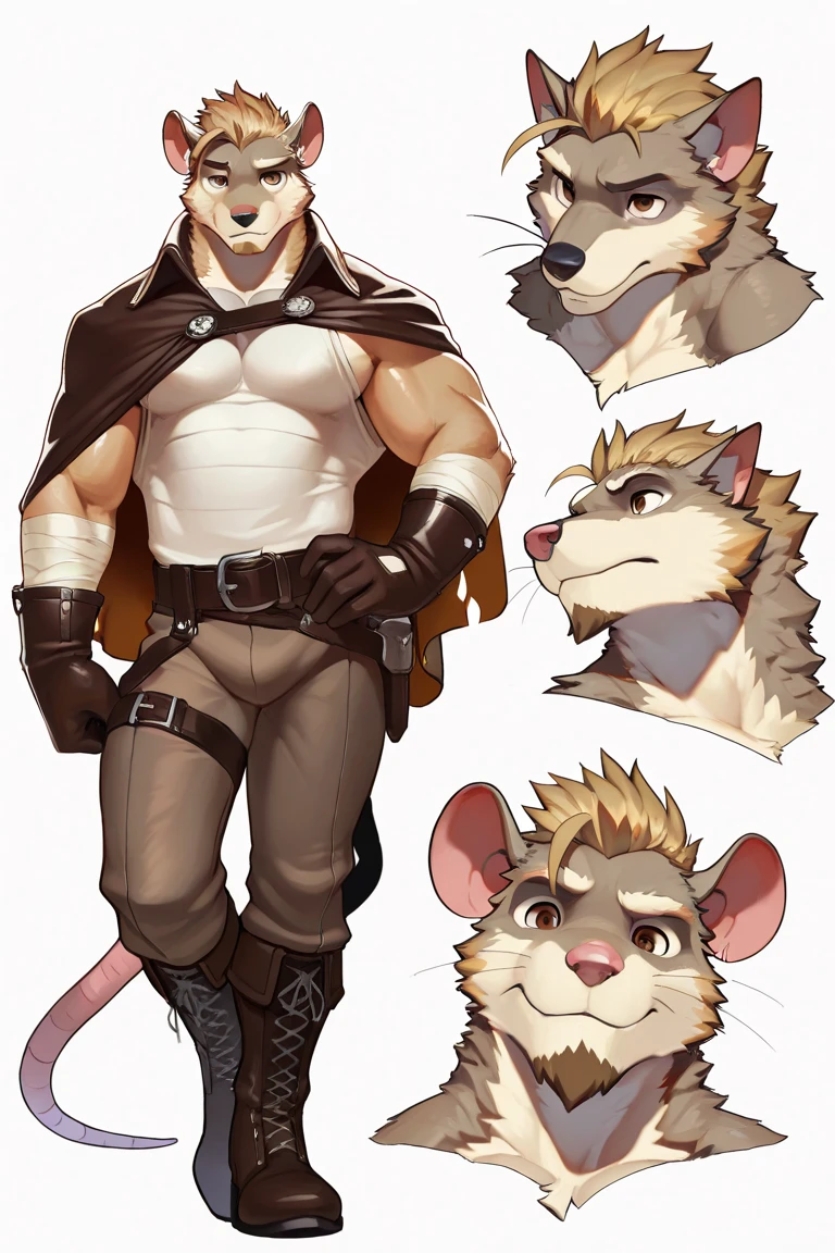 Solo Sexy young anthro furry rat male mercenary medieval solider, slim slim muscular, anthro handsome gay shorter muzzle, handsome gay model male apperance, sword scars, worn out leather skimpy armament, low on hips heavy leather belt, old very worn out skimpy dirty linen material jockstrap, old yellow dirty worn out stains on white sawn jockstrap, very visible "x" brown seam pattern on the jockstrap, studded skimpy armlets breastplate armor, skimpy breastplate, leather bondages, fingerless leather gloves, smelly unwashed furr, dirty body look, desert battlefield, standing in sexy fighting position, close view of full character