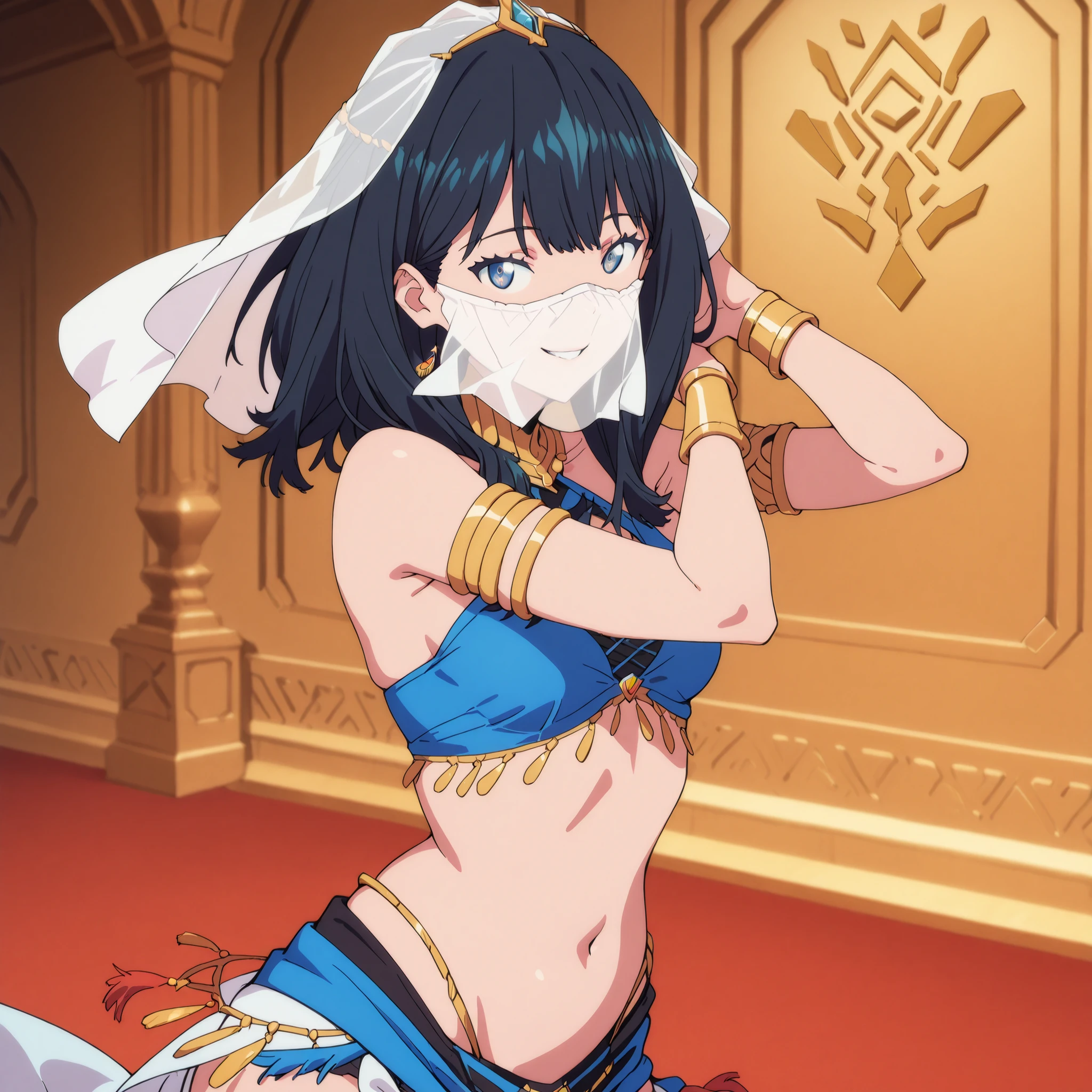 (1girl:1 . 5) , (Seul:1 . 5) , score_9 , score_8_haut , score_7_haut , source_anime , Official work , ultra-detailed , masterpiece , best quality , high res , beaux yeux , detailed eyes , detailed face , beautiful detailed eyes ,SSSS Gridman,Takarada Rikka, Arabian Clothes , Arabian Dancer ,belly dancer costume ,mouth veil, golden jewelery,armlet, belly dancing,arabian theater, seductive smile, dancing with veil, dynamic movement, seductive pose,sexy pose