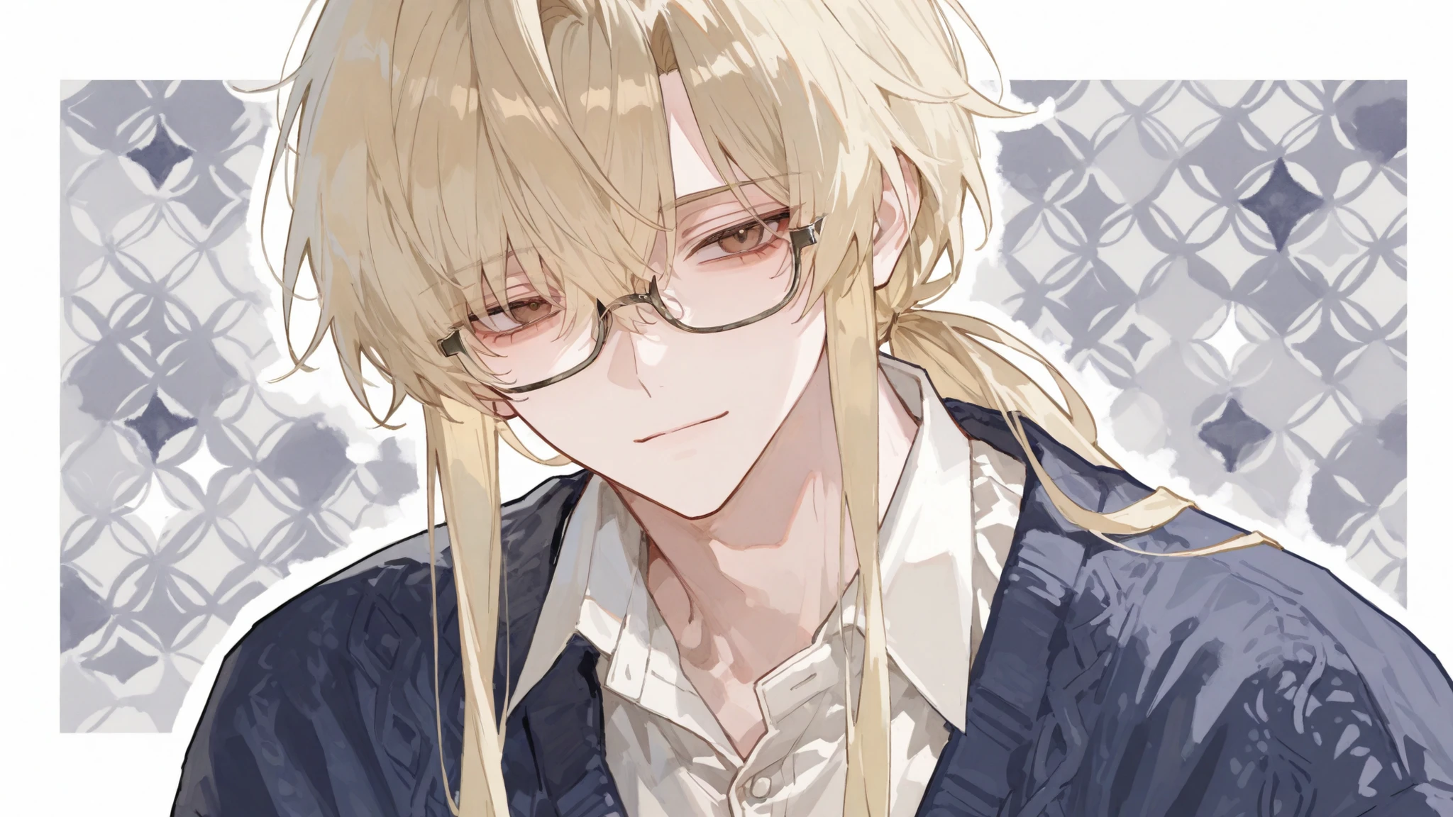 점수_9, 점수_8_위로, 점수_7_위로, Solo, Watercolor, 1 male, long hair, blonde hair, low ponytail, hair cascading on right shoulder, brown Eyes, wears blue cardigan with white collared shirt underneath, skin, Simple Accessories, thin rimmed glasses, simple gray pattern background, (master piece), handsome, best quality, perfect face, adult male, full-body portraits, 초상화, 중간 가슴, front view face