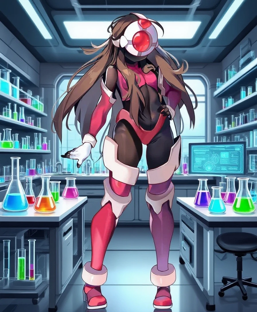 Sfw, safe for work, mind control Sam by spider helmet robot, ginger hair, 'I have Sam's body', successfully possessed Sam, Glowing red piercing eyes, pervy evil grin, 'this is my body now', hahahaha, satisfying looks, venus body, , wearing white laboratory coat with green spy suit underneath, hands on hip, spider helmet