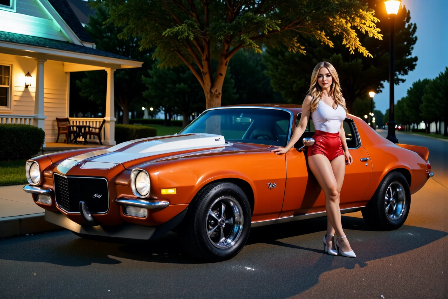 cinematic photography, stunning ginger hair 50-year-old woman, naughty smile, next by her red camaro convertible <lora:60s_Camaro:0.8>. Color, Film photography, subsuface scattering, glossy oiled skin, cinematic lighting, stark lighting, medium-format camera, chiaroscuro, <lora:detail_slider_v4:0.5>