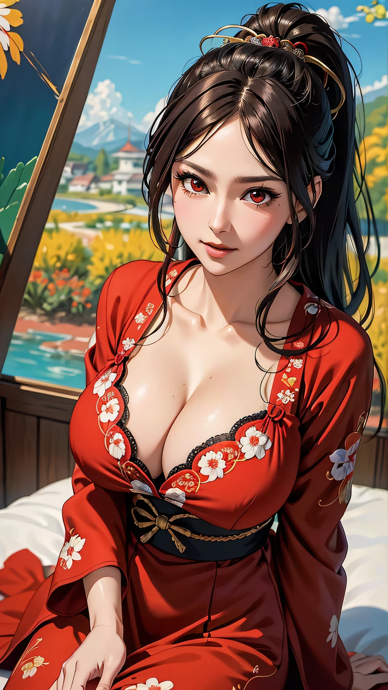 Adult woman, long black hair, blue eyes, open kimono, open breasts, big breasts, smile, masterpiece, high quality