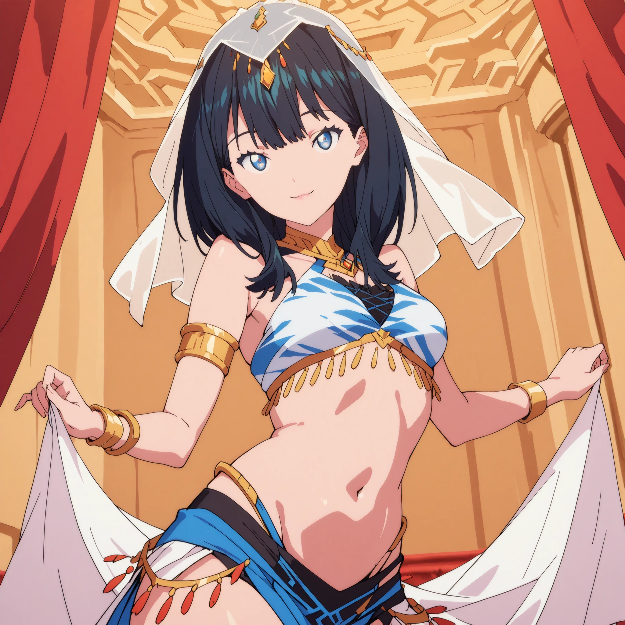 (1girl:1 . 5) , (Seul:1 . 5) , score_9 , score_8_haut , score_7_haut , source_anime , Official work , ultra-detailed , masterpiece , best quality , high res , beaux yeux , detailed eyes , detailed face , beautiful detailed eyes ,SSSS Gridman,Takarada Rikka, Arabian Clothes , Arabian Dancer ,belly dancer costume , golden jewelery,armlet, belly dancing,arabian theater, seductive smile, dancing with veil, dynamic movement, seductive pose,sexy pose