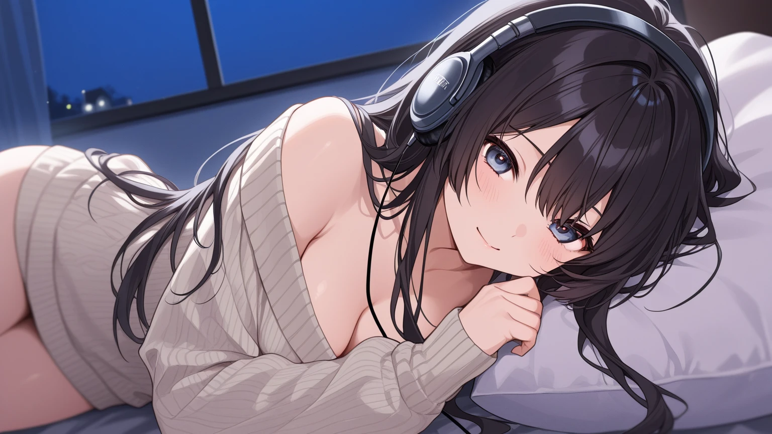 Girl with headphones enjoying music in a home I am studying Emphasize a little bit of the big chest Looking towards me with eyes closed Night Background