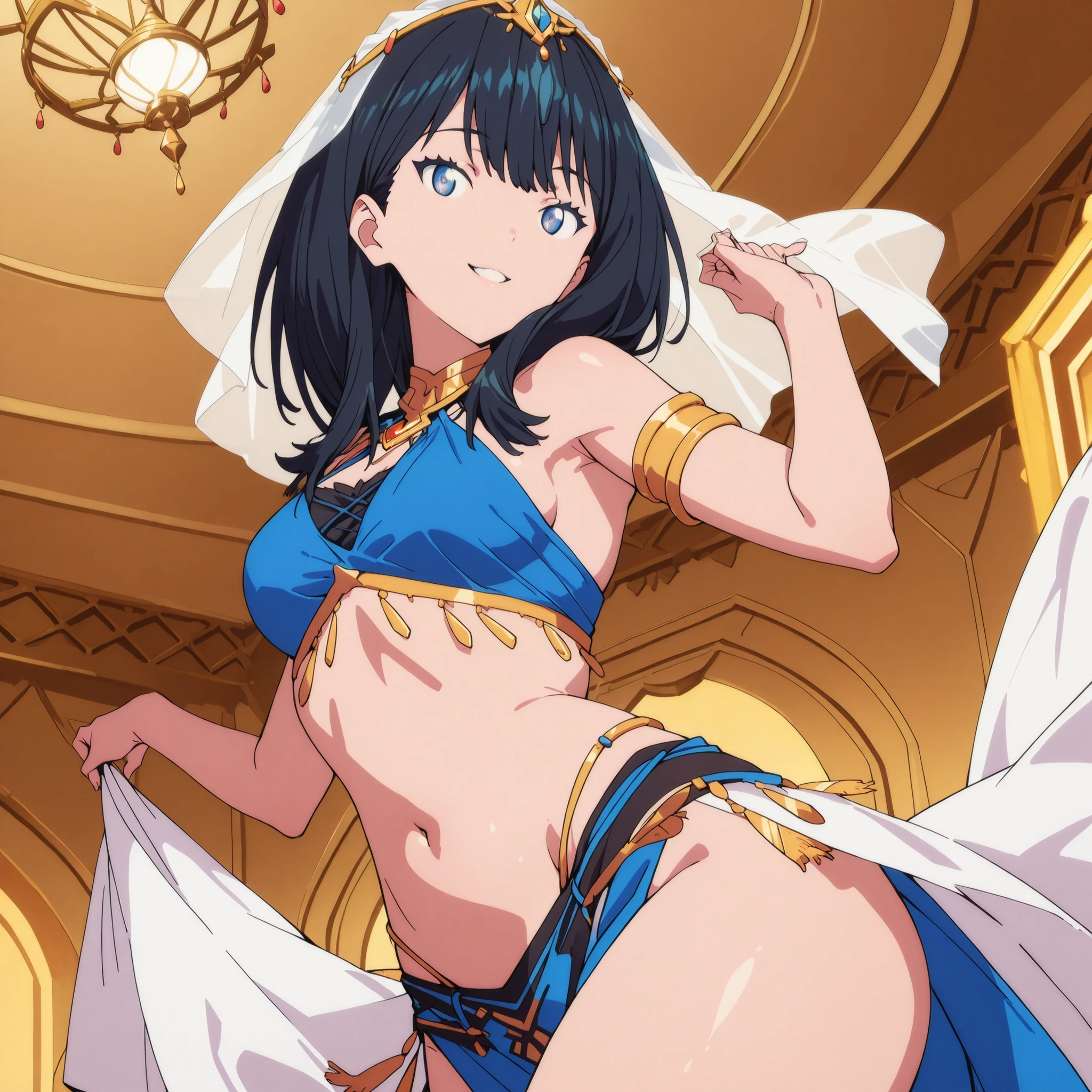 (1girl:1 . 5) , (Seul:1 . 5) , score_9 , score_8_haut , score_7_haut , source_anime , Official work , ultra-detailed , masterpiece , best quality , high res , beaux yeux , detailed eyes , detailed face , beautiful detailed eyes ,SSSS Gridman,Takarada Rikka, Arabian Clothes , Arabian Dancer ,belly dancer costume , golden jewelery,armlet, belly dancing,arabian theater, seductive smile, dancing with veil, dynamic movement, seductive pose,sexy pose