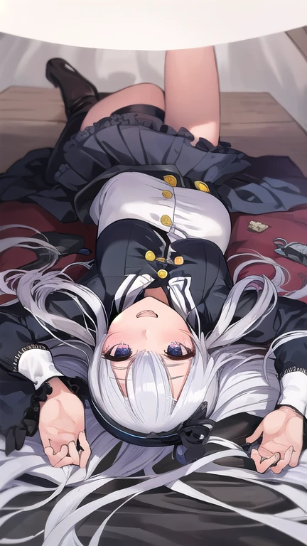 masterpiece, best quality, 1girl, absurdres, very authentic, solo, upper body, morgan le fay \(queen of winter\) \(fate\), fate/grand order, ponytail, two-tone dress, very long hair, braid, hair spread out, lying, on stomach, turning head, looking at viewer, unkempt hair, crying, furrowed brow, snot, tears, streaming tears, clenched teeth, bags under eyes, drooling, bruise on face, excessive blood on face, bruise, torn clothes, blood, whip mark, ryona, on ground, (single leg stepped on head:1.4), film grain, carpet, on floor, depth of field, blurry background, indoors, <lora:SteppedOnHead-anxl31:0.6>, <lora:a31_style_hito_komoru:0.8>,