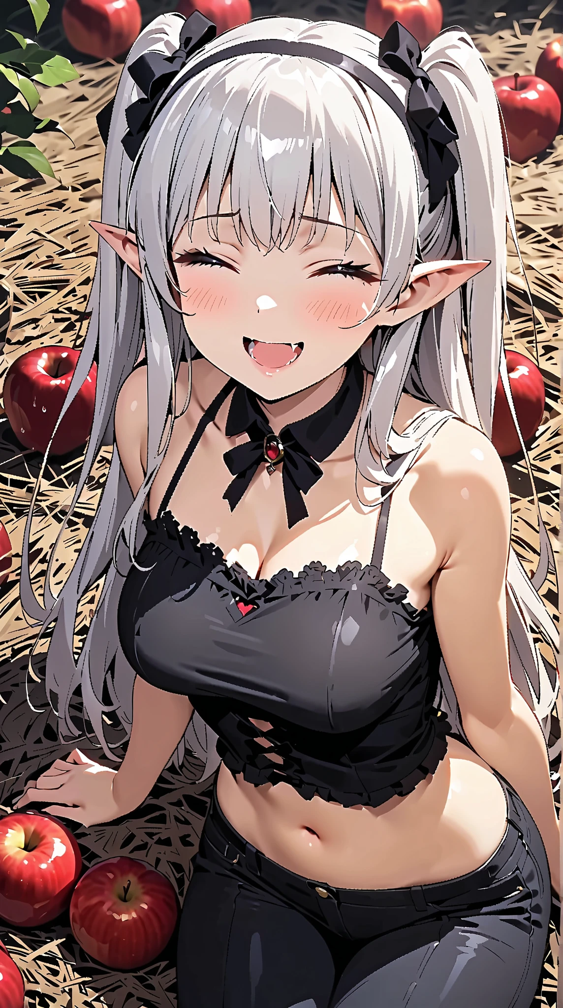 mdrk, horns, black bikini, black ribbon, 1girl, apple, food, fruit, solo, holding food, holding fruit, breasts, jewelry, holding, necklace, sitting, flower, huge breasts, feet out of frame, cleavage, nature, sarong ,<lora:MudrockSilentNightV2Horns:1>,