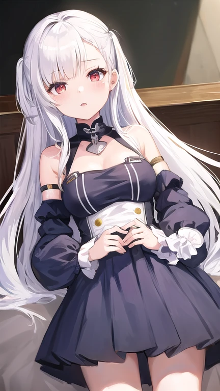 emilia de re:zero, agaixada na biblioteca, cabelo branco longo, ornamento de cabelo, olhos roxos, sentada, re:zero