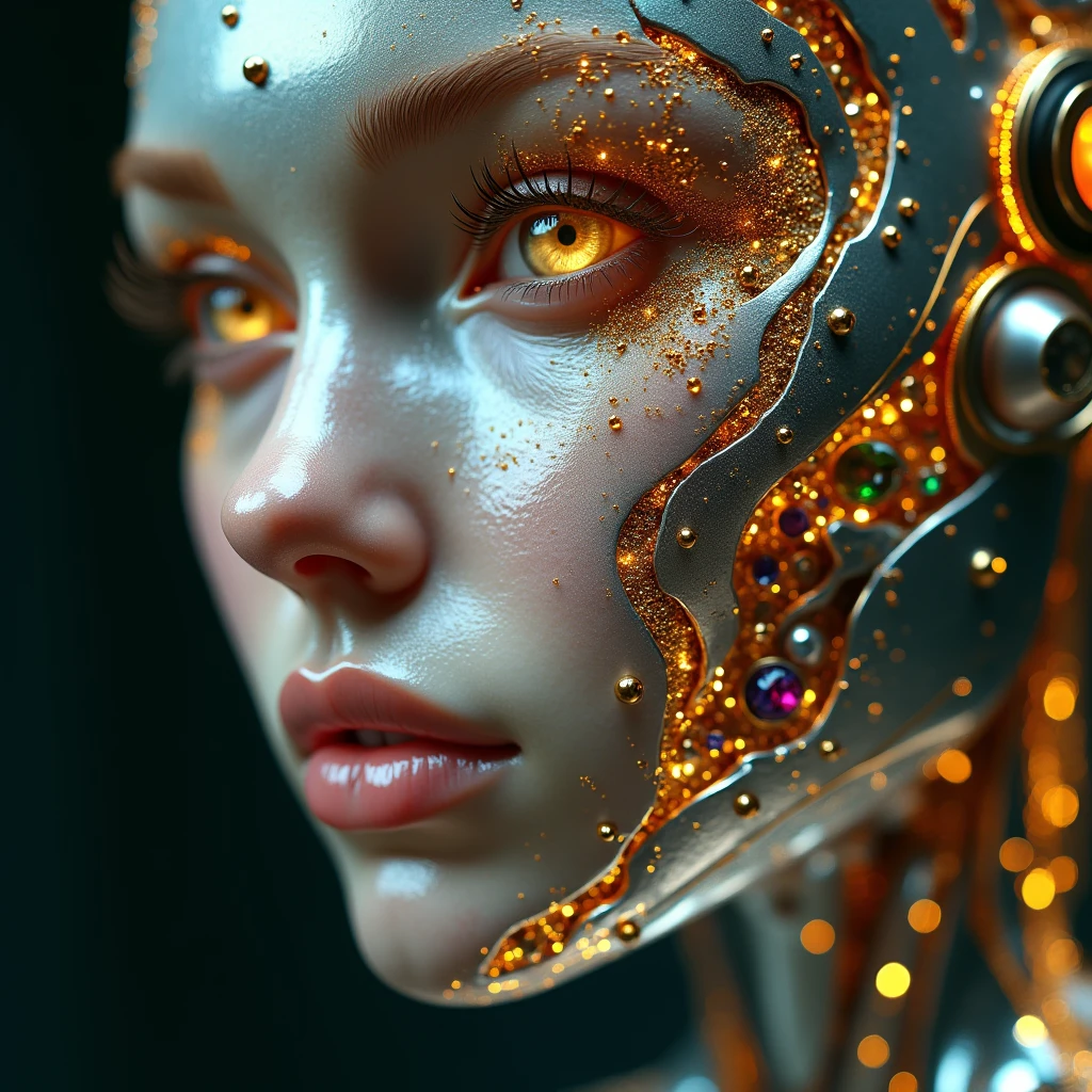 Automata, The face is made of ceramic, cracks were jointed with gold, abstract light background,