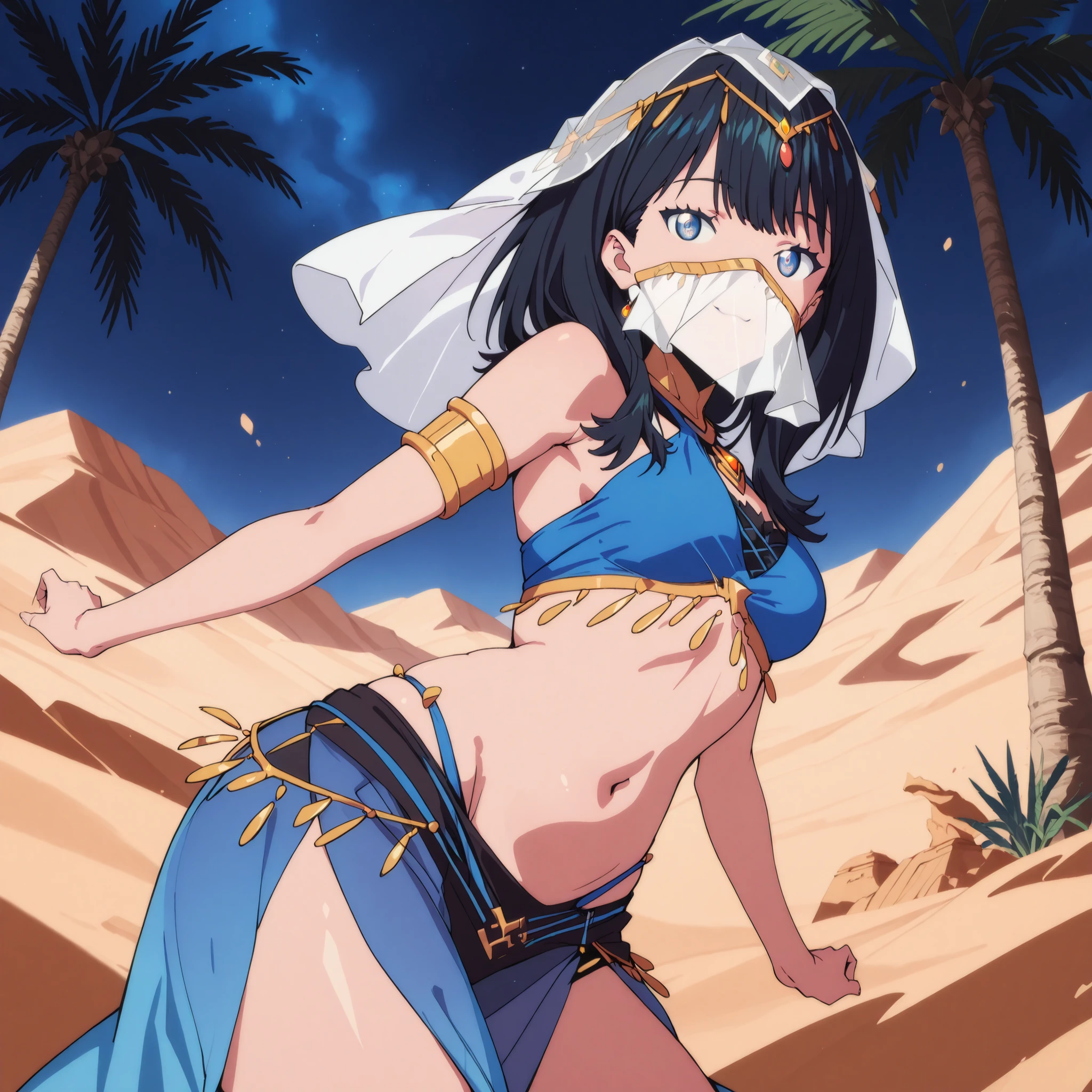 (1girl:1 . 5) , (Seul:1 . 5) , score_9 , score_8_haut , score_7_haut , source_anime , Official work , ultra-detailed , masterpiece , best quality , high res , beaux yeux , detailed eyes , detailed face , beautiful detailed eyes ,SSSS Gridman,Takarada Rikka, Arabian Clothes , Arabian Dancer ,belly dancer costume , mouth veil, golden jewelery,armlet, belly dancing,night,desert lands,palm tree, seductive smile, dancing with veil, dynamic movement, seductive pose,sexy pose