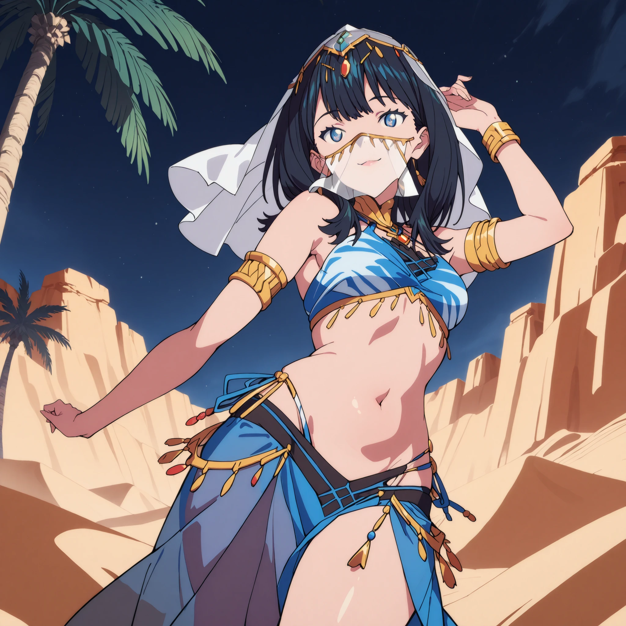 (1girl:1 . 5) , (Seul:1 . 5) , score_9 , score_8_haut , score_7_haut , source_anime , Official work , ultra-detailed , masterpiece , best quality , high res , beaux yeux , detailed eyes , detailed face , beautiful detailed eyes ,SSSS Gridman,Takarada Rikka, Arabian Clothes , Arabian Dancer ,belly dancer costume , mouth veil, golden jewelery,armlet, belly dancing,night,desert lands,palm tree, seductive smile, dancing with veil, dynamic movement, seductive pose,sexy pose