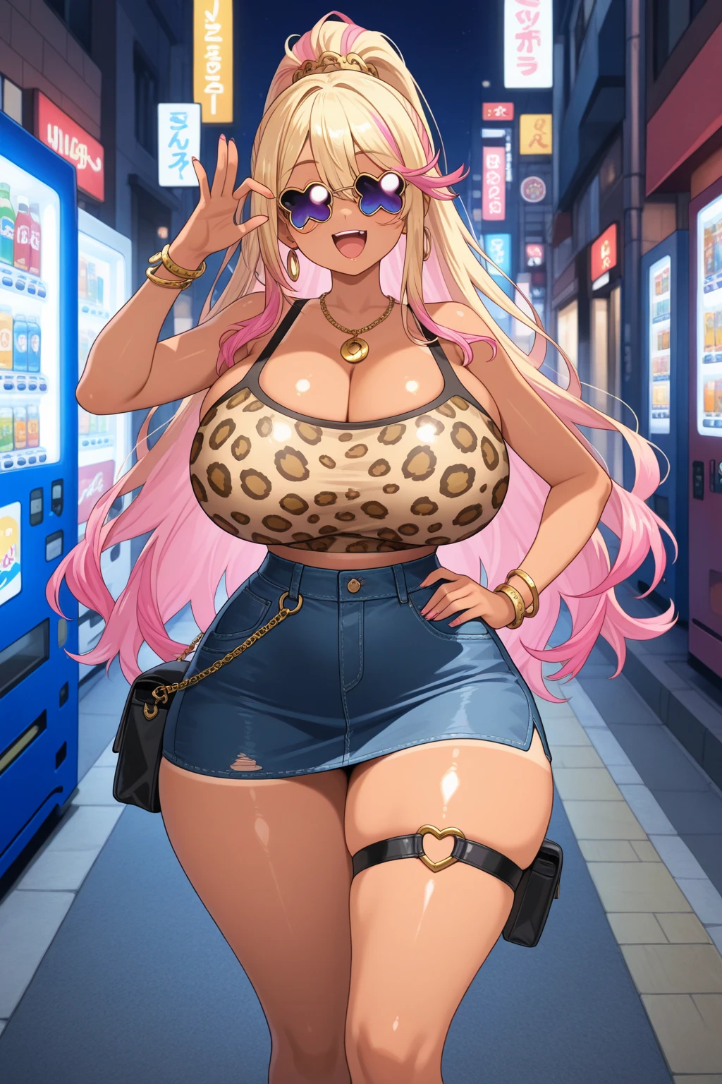 score_9, score_8_up, score_7_up, score_6_up, 1girl, source_anime, thick lips, brown eyes, pink hair, wavy hair, pink bear ears, (dark skinned female), long hair, large breasts, wide hips, slender eyes, perfect eyes, thick thighs, city, night, alley, glittery slingshot swimsuit, skirt, detailed, high quality, smirk, holding money,