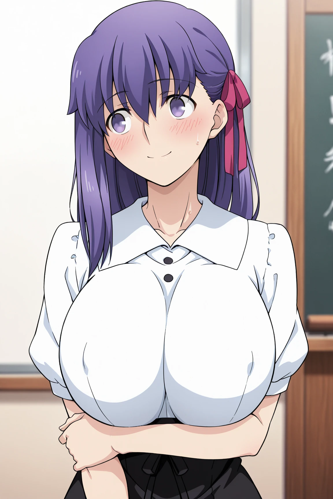 wearing high school uniform, classroom background, NJAkiV4, oda non style, anime cels style, purple eyes, best quality, high resolution, (huge breasts:1.4), cowboy shot, blush, embarrassed, smile, 1 girl, 20yo,Young female,Beautiful Finger,Beautiful long legs,Beautiful body, Beautiful Nose,Beautiful character design, perfect eyes, perfect face,expressive eyes, perfect balance, looking at viewer,(Focus on her face), official art,extremely detailed CG unity 8k wallpaper, perfect lighting,Colorful, Bright_Front_face_Lighting,White skin, (masterpiece:1.0),(best_quality:1.0), ultra high res,4K,ultra-detailed, photography, 8K, HDR, highres, absurdres:1.2, Kodak portra 400, film grain, blurry background, bokeh:1.2, lens flare, (vibrant_color:1.2),professional photograph, (Beautiful,huge_Breasts:1.4), (beautiful_face:1.5),(narrow_waist)