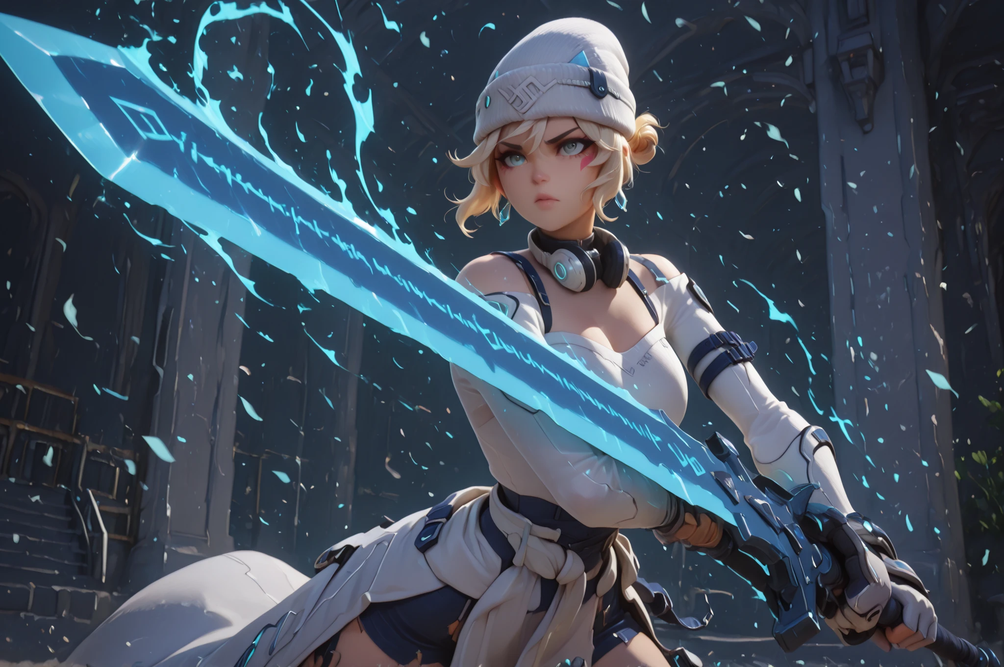 masterpiece, high resolution, 4k, best quality, solo female character, SAME as Kiriko K-pop (inspired by LE SSERAFIM Blue Frame), stylish white beanie, ultra-detailed, alone, light blonde hair with gray tones, short hair SAME as Kikiko (LE SSERAFIM), blue eyes, confident and slightly sadistic expression, fair skin, youthful curves, sensual pose, white coat tied at the waist, white long-sleeved blouse SAME as Kikiko (LE SSERAFIM) Realistic, solo character, black greatsword, markings SAME as Kikiko (LE SSERAFIM) on her face (but in a light blue tone), attacking pose, pose as if she were attacking