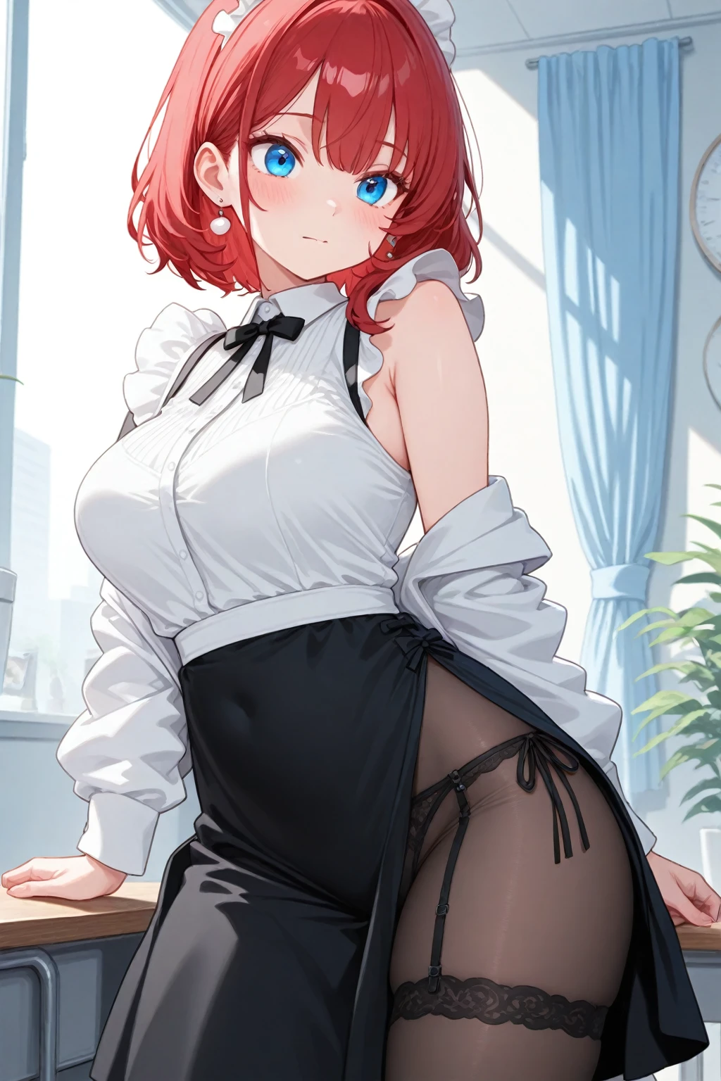Gril blue eyes hair redhead rest very detailed detailed hair 4k 4k medium size chest accentuated hips thick thighs 4k 4k short tight button blouse pantyhose underneath mini skirt 4k 4k in bed