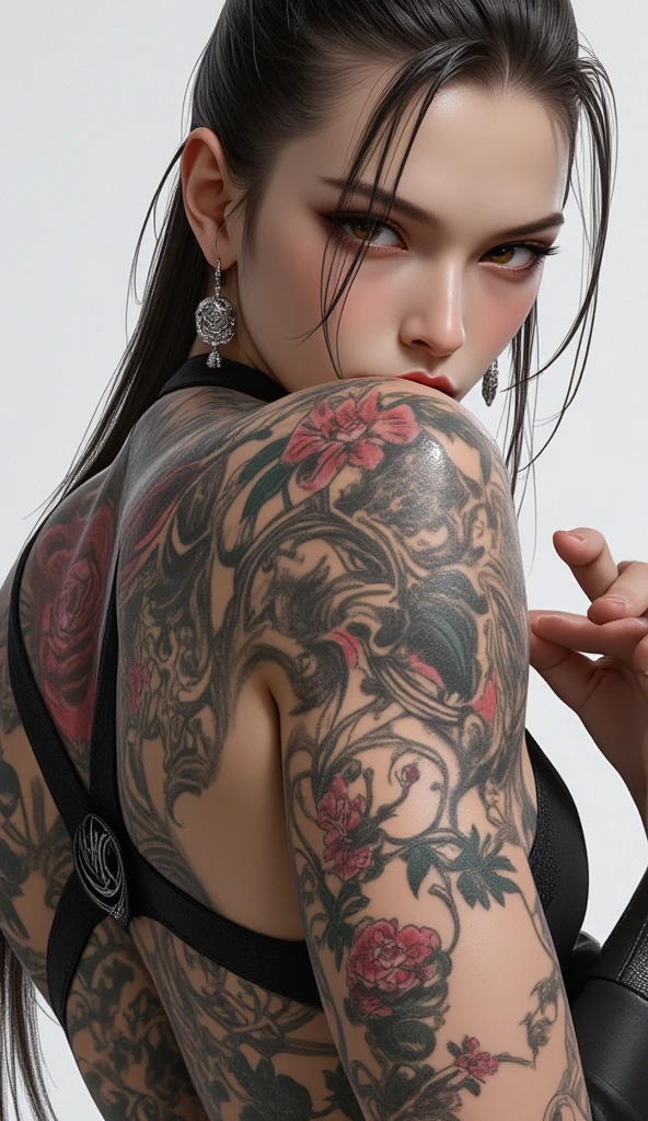 (best quality,highres:1.2), (photorealistic:1.4),low angle portrait, close up, seen from back, yakuza girl soaking in the onsen,look at viewer,detailed face,beautiful detailed grey blue eyes,beautiful detailed lips,seductive smile,eyebrows well-groomed,long eyelashes, perfect nice face with soft skinice perfect face, clear skin ,natural blush,slim body posture, exposed shoulder,intricate detailed and vibrant irezumi tattoo on back body,elegant and intricate jewelry,delicate necklace and earrings,traditional hair accessories, red hair with bangs,shiny gemstones,soft and flawless makeup,soft and natural lighting,subtle shadows on the face,radiant and vibrant colors,photorealistic rendering, photon mapping, foggy and dramatic atmosphere