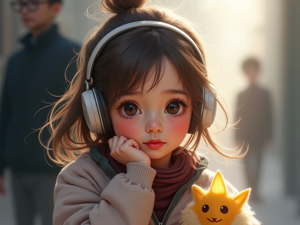 A very cute , sitting on the floor, with wavy brown hair, pink eyes, with a piece of bamboo in your mouth.