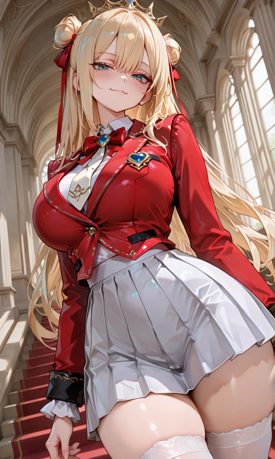 kaori saeki, parted bangs high ponytail, blond hair, purple eyes, school uniform spaghetti strap black vest red necktie red skirt black thighhighs,
jewelry, hands on chest,see-through, looking at viewer,  hair ornament, choker, shy,
(huge breasts:1.2, upper body, from below, cameltoe, white panties, lift skirt,)
(masterpiece, top quality, best quality, official art, beautiful and aesthetic:1.2), (1 girl), extreme detailed,  colorful, highest detailed,
city,street, leaning,  wall, sun, cloud,