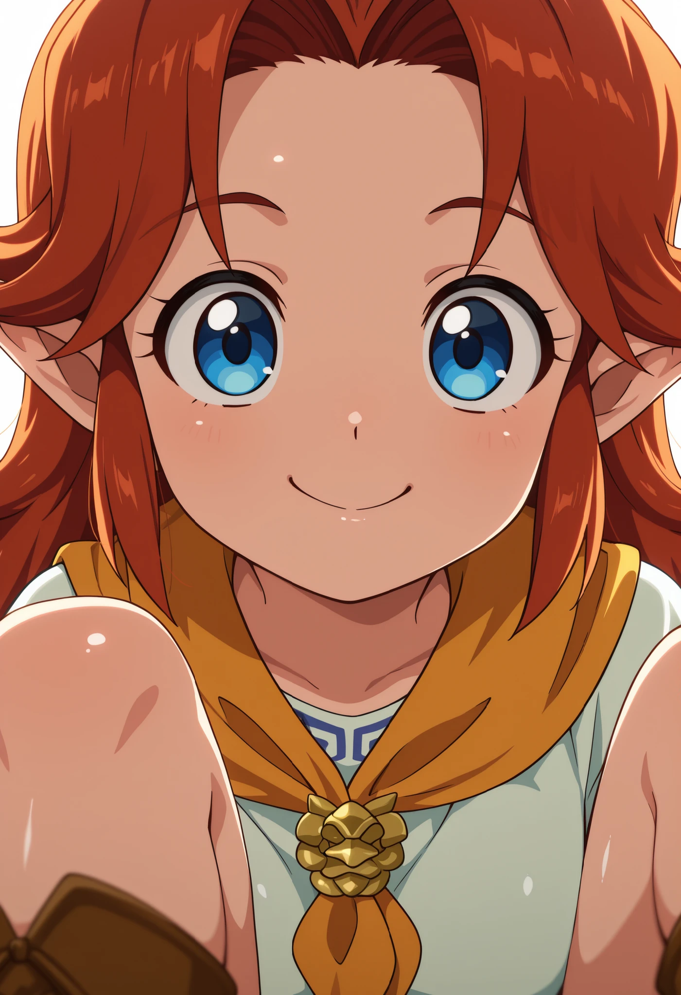 masterpiece, highres, absurdres, amazing quality, best quality, detailed background, 8k, anime screencap, anime coloring,
Indoor, farm
1girl, solo, shiny skin, portrait, looking at viewer, straight-on, simple background, white background, skindentation, detailed clothing folds, depth ohf field, sharp, soft lighting, frontal lighting, smile,
orange neckerchief, brooch, dress, short sleeves, blue trim, brown boots
young malon, auburn hair, long hair, parted bangs, pointy ears, blue eyes, small breasts,