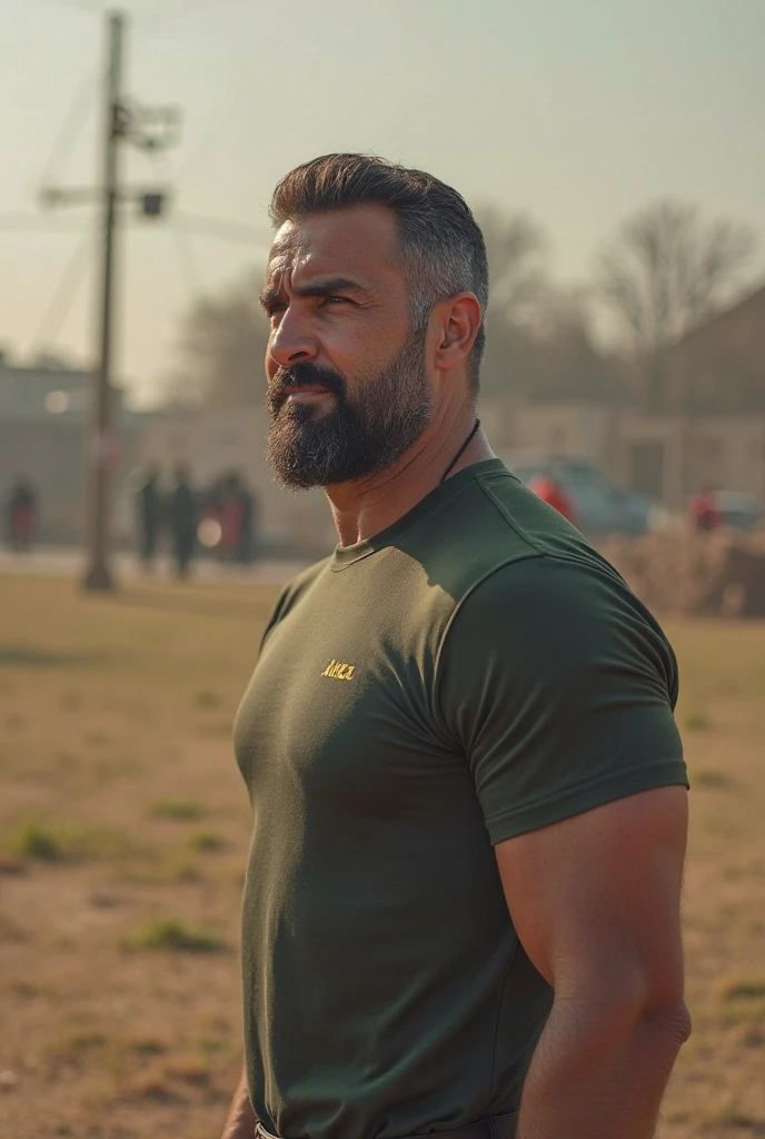 full_beard_dom_santiago, base, (olive green t-shirt:1.15, camo long pants:1.15), standing, hands on pocket, looking at viewer, daytime, (muscular:1.2, big muscle:1.2) <lora:Bearded_Dom_Santiago:0.85>