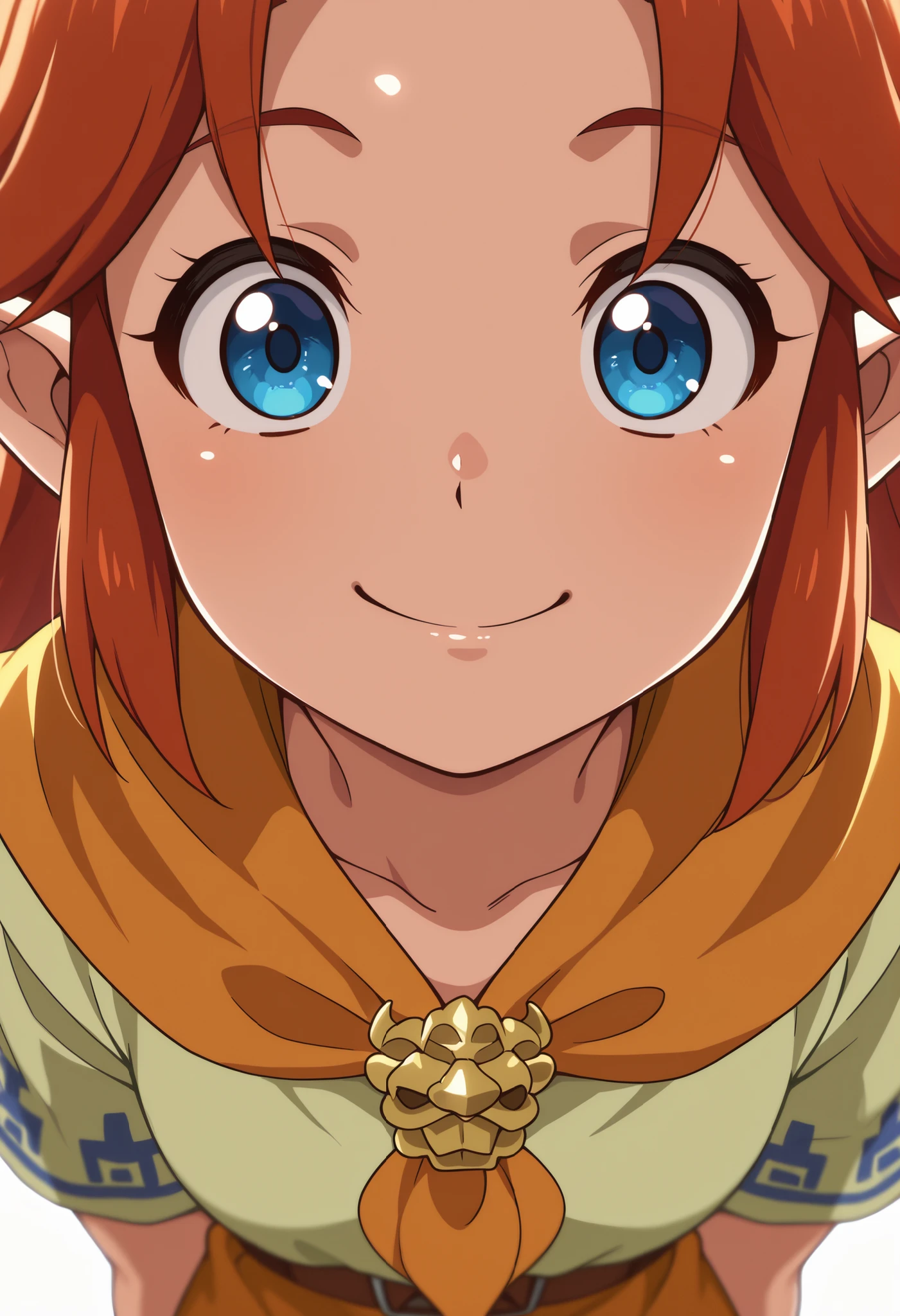 masterpiece, highres, absurdres, amazing quality, best quality, detailed background, 8k, anime screencap, anime coloring,
Indoor, farm
1girl, solo, shiny skin, portrait, looking at viewer, straight-on, simple background, white background, skindentation, detailed clothing folds, depth ohf field, sharp, soft lighting, frontal lighting, smile,
orange neckerchief, brooch, dress, short sleeves, blue trim, brown boots
young malon, auburn hair, long hair, parted bangs, pointy ears, blue eyes, small breasts,