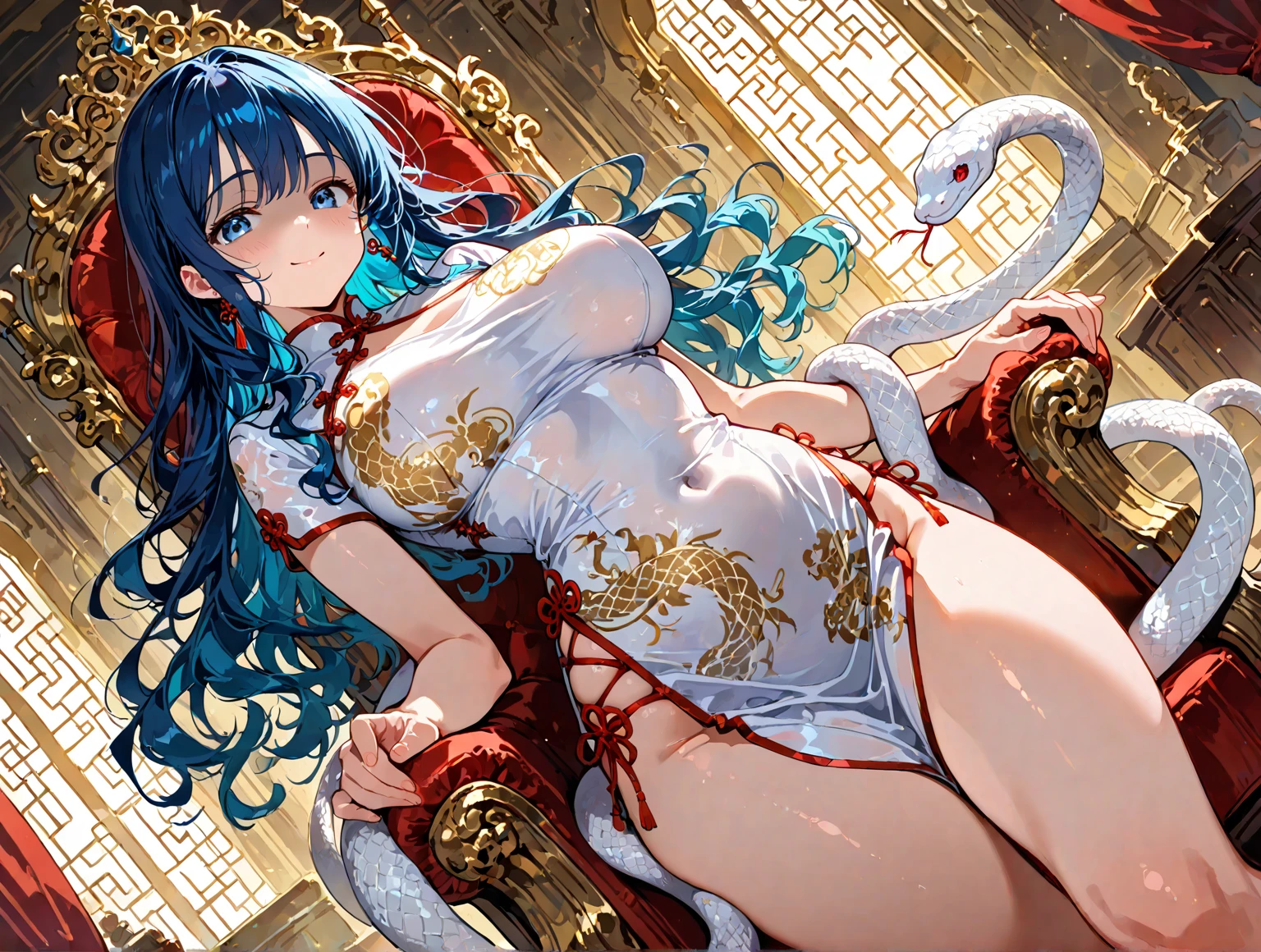 4K,High resolution,one woman,Lamia,dark blue hair,long hair,big breasts,ancient chinese princess,China dress,ancient chinese royal family