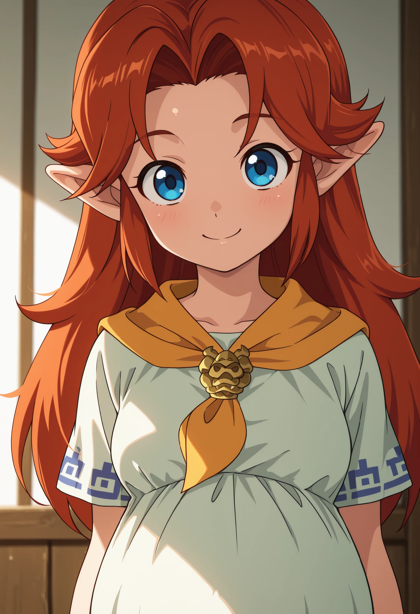 masterpiece, highres, absurdres, amazing quality, best quality, detailed background, 8k, anime screencap, anime coloring,
Indoor, farm
1girl, solo, shiny skin, portrait, looking at viewer, straight-on, simple background, white background, skindentation, detailed clothing folds, depth ohf field, sharp, soft lighting, frontal lighting, smile, pregnant
orange neckerchief, brooch, dress, short sleeves, blue trim, brown boots
young malon, auburn hair, long hair, parted bangs, pointy ears, blue eyes, small breasts,