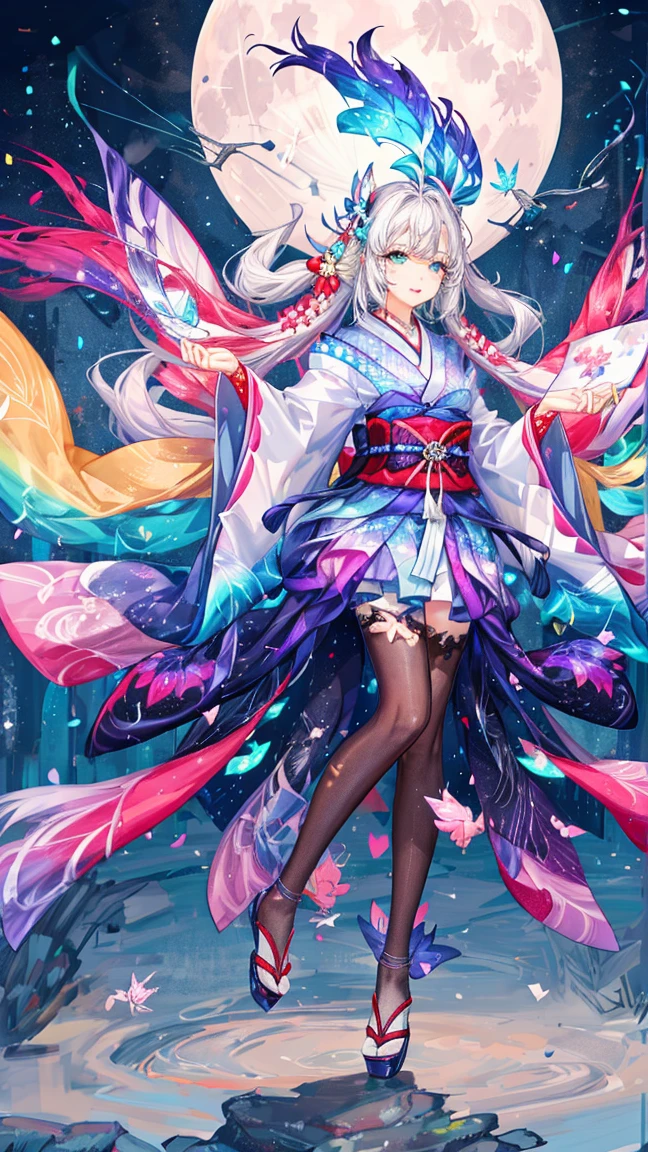 （best qualtiy，detailed back ground，A high resolution，8k wallpaper，full bloom，messy  hair，shinny hair，Bright pupils），1girll，Focus on the legs，long whitr hair，silber hair，Large_Breasts，Action_Pose，standing on your feet，Shen He（Genshin character），Hair_decorations，Hair is more than one eye，