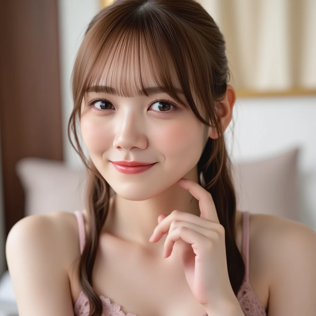 (Highest quality, DSLR, 8k, Highest quality, High resolution, Highest quality, Highest resolution, Very beautiful woman, Perfect anatomy), Light brown eyes, Very light brown eyes, Small diamond-shaped earrings, Looking at the camera, Beautiful brown hair, ((Baby face, loose and cute medium ponytail)), Very short and beautiful bangs with brown hair, E-cup breasts, Not showing the décolletage, Very beautiful 20-year-old, Lip gloss, Smiling very happily, Very cute smile, Upper teeth, Beautiful teeth, (Interior of an elegant mansion (background only), Slightly larger eyes, Small face, Tall supermodel, Beautifully proportioned model, Random cute poses without showing the décolletage in gravure style, Dynamic angle, Eye focus, Head tilt, Very detailed and realistic, Very beautiful 20-year-old, ((Medium Shot)), Sharp jawline, ((Maid outfit)), Deep waistline, Sexy legs, Side view, Smiling very happily, Laughing, Summer daytime