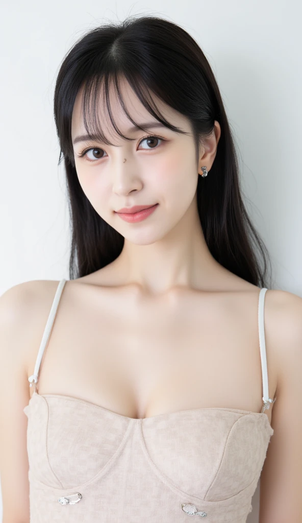 masterpiece, Highest quality, Ultra-high resolution, Highly detailed portrait, (Photorealistic photography: 1.4), (1 Girl) ((1 Girl, White skin, Kneel, From above, Looking up at the audience, Face close-up, 19 years old, cute, cute, cute black hair, Shiny black hair, Bob_cut, short hair, big breasts, big)) (Charm, simple blue and white two-tone uniform, uniform, Shiny clothes, Soaking wet) (Portraits of famous Japanese actresses), (smile, Happy, Joyful, Hilarious, Close your mouth), (A chest between the arms, between the chest), Eye for detail, ((A truly pure white background, No background)), ((Long neck, bangs, bangs, Beautiful face, Gaze looking at the camera, eyelash, big eyes, Transparent double eyelids, Watery eye mole, Shiny skin, Beautiful skin quality, Beautiful collarbone, Lip gloss))