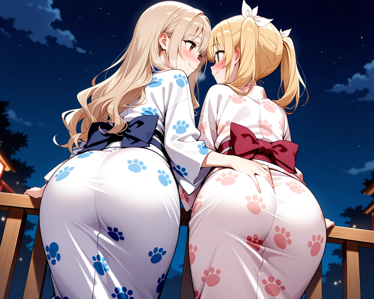 multiple thick body big breast tsunade doggystyle on bed large pillows and flowers, nun outfit show back side floral lace pattern panties, inserted, panties to the side,