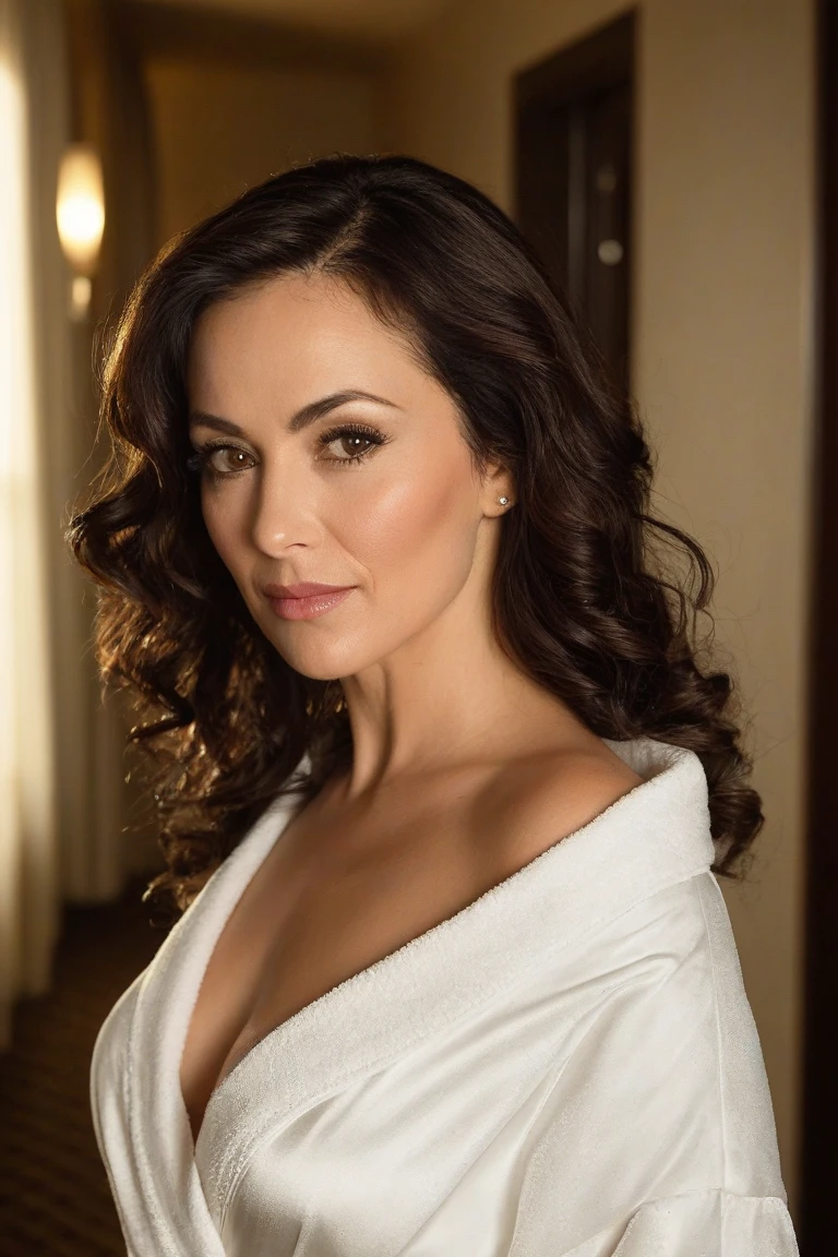 Katrina Law wearing fitted dot style dress with low neckline and smiling