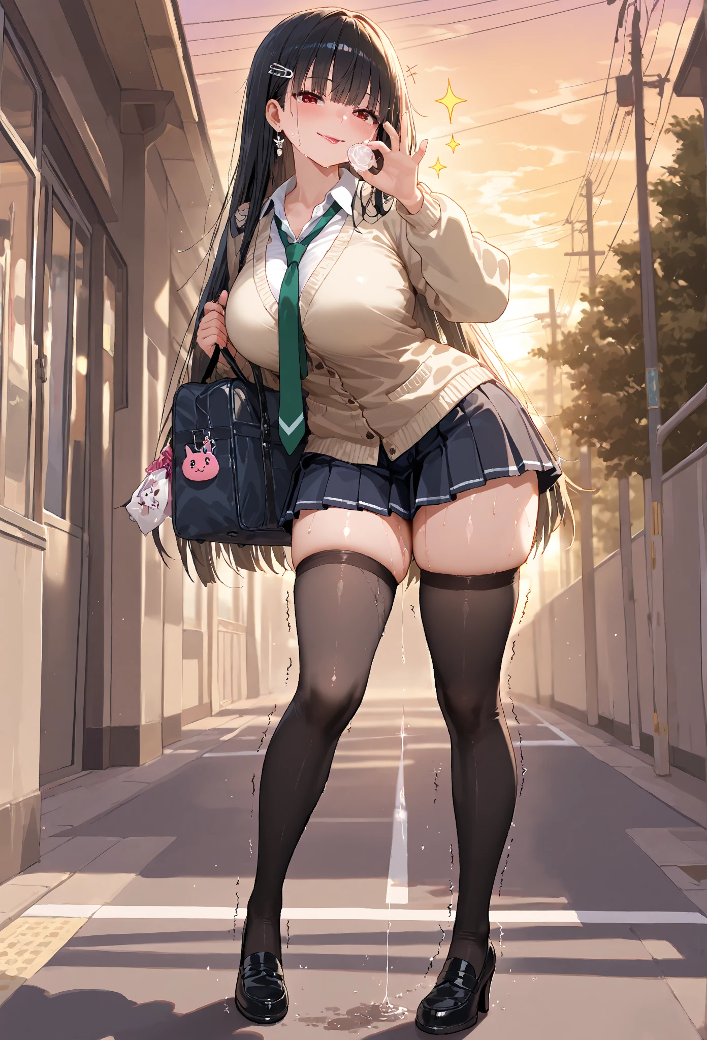 (masterpiece:1.2), (extremely detailed CG:1.2), (ultra detailed:1.2), (best quality:1.1), (highres:1.1), beautiful detailed background, (extremely detailed girl:1.1), smug, smug face, yoru \(chainsaw man\), pinafore dress, (shiny skin, lustrous skin:1.1), glowing red eyes, eye contact, (blush:1.4), (covered nipples:1.05), (intricate details:1.25), cameltoe, <lora:add_detail:0.8>, school in the background