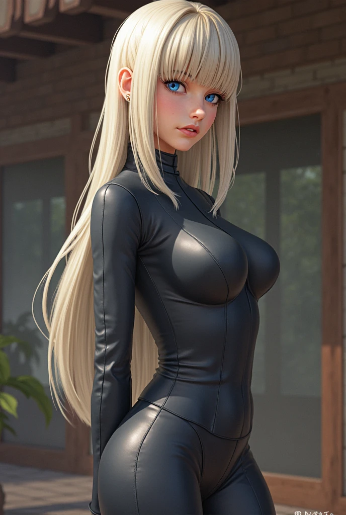 Uma garota sexy com cabelos castanhos, she is wearing a black jumpsuit