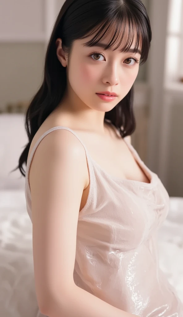Amazing portrait of a sexy woman who is the next door neighbour with her black hair in a messy bun with a seductive look as she blushes intensely as she's flustered and lustful posing seductively wearing a white see through shirt with red lingerie visible through the shirt and white pants being barefoot looking very sexy and so hot as she lies on her back on her bed during night time with warm lighting showcasing all the amazing features
