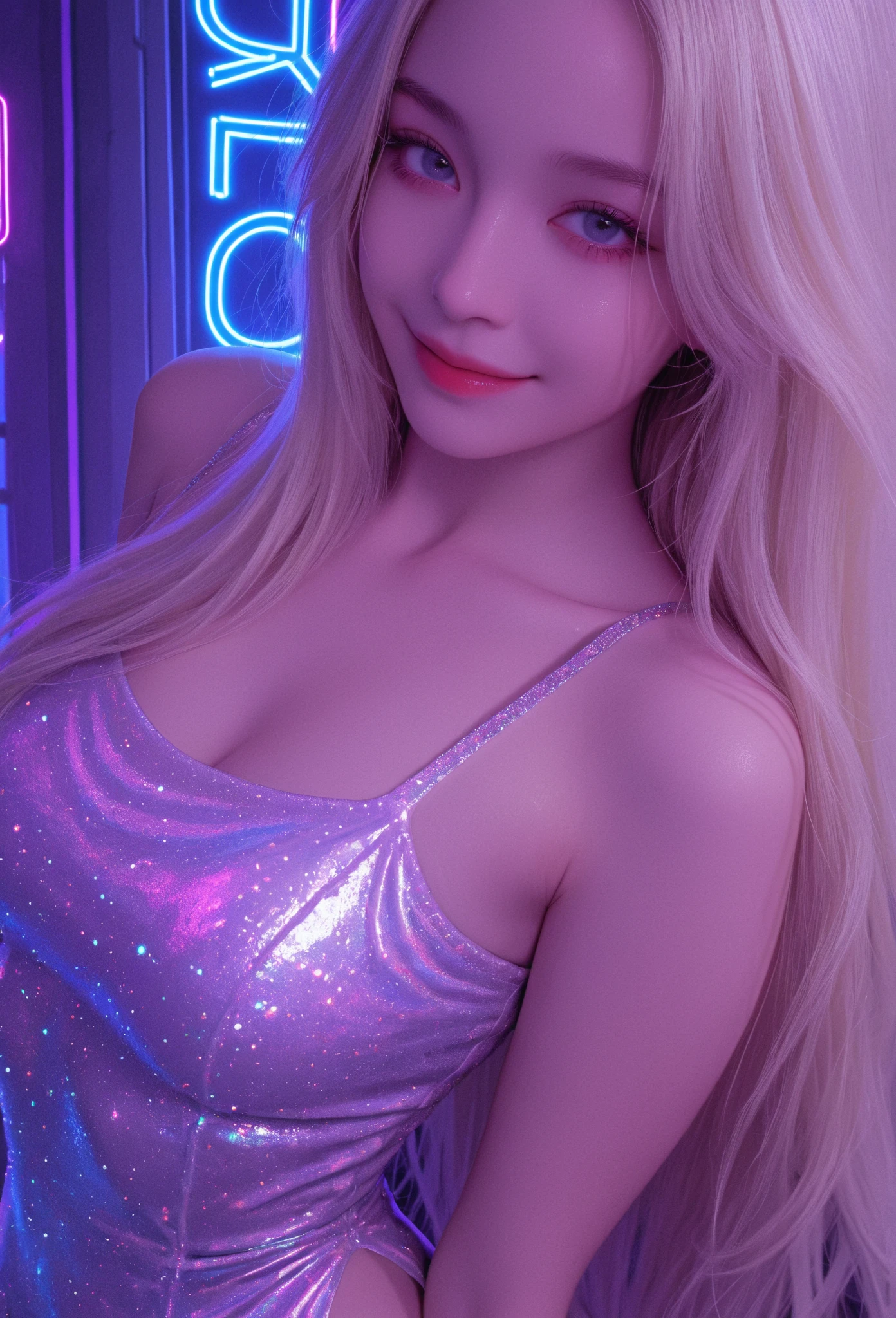 beautiful woman with blonde hair, beautiful purple eyes, 20 years old, sensual body, sitting in a futuristic office, neon colors, trading, with backgrounds of trading pictures