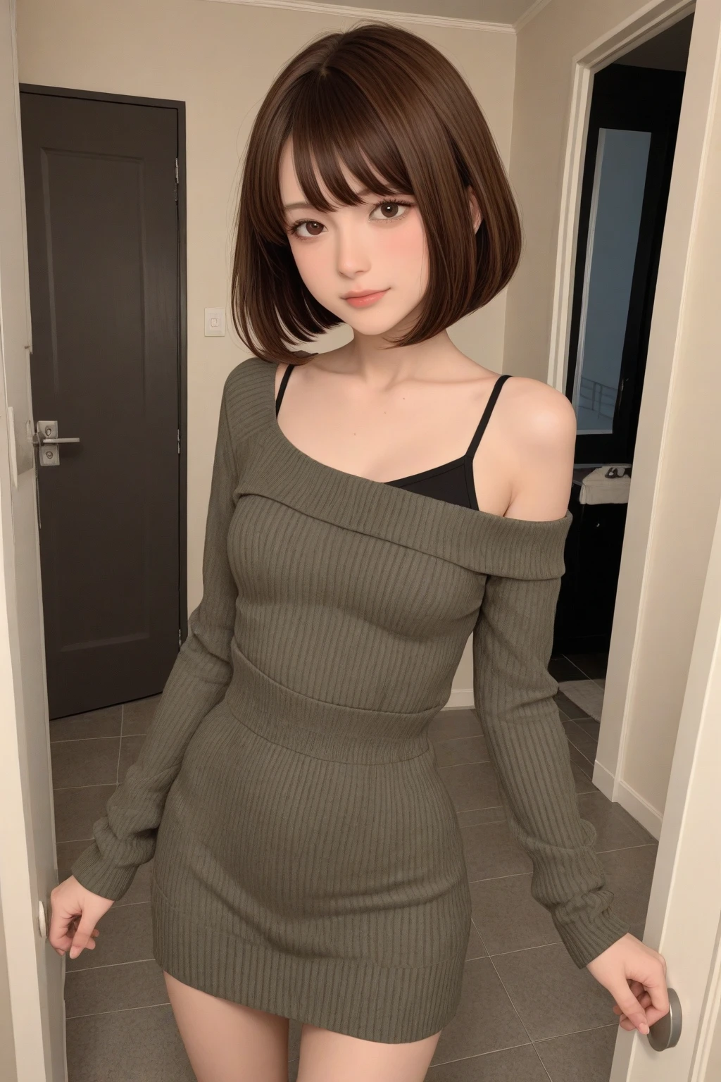 (small breasts:1.3), (perky chest:1.1), (pointed chest:1.0), (fashion magazine cover:1.3),(from below:1.0),(from side:0.9),masterpiece, 1girl, Amazing Cleavage:1.1, thin waist, big ass, Raised sexy, small breast: 1.3, posed cleavage:1.2、solo, looking at viewer, open mouth, have a cute grass of cute beergrass,black hair, dark green eyes, dress, bare shoulders, jewelry, collarbone, sidelocks, hairband, earrings, indoors, off shoulder, :o, sweater, arms behind back, plant, short hair with long locks, gild hairband, off-shoulder dress, sweater dress, off-shoulder sweater, red sweater, dark gord hair, big side hair, very long side hair,is rendered in (masterpiece: 1.2, best quality), with (ultra high resolution) and an exquisite (depth of field). This masterpiece is not only visually stunning but also tells,A scene of cooking in the kitchen by classroom