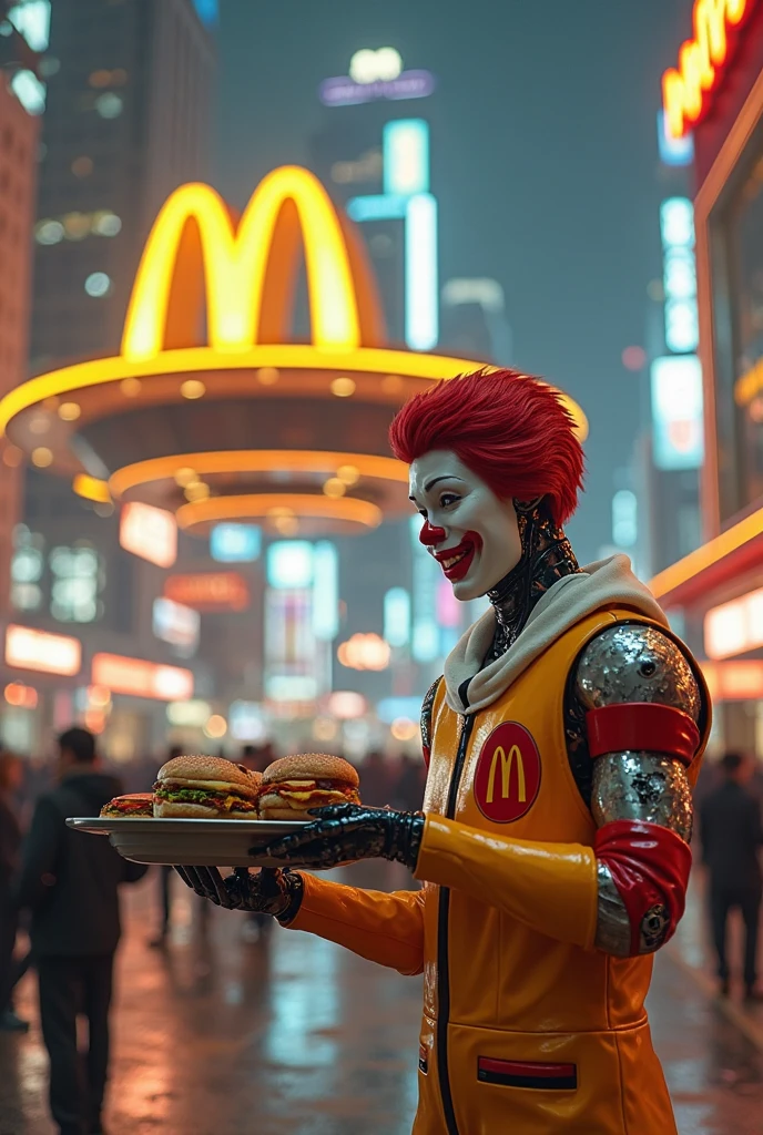 Close-up of Ronald McDonald in a black trench coat, short red hair, neon McDonald's sign, Ligne Claire illustration of Ronald McDonald, Cyberpunk, ligne claire, watercolor, bold ink, dark, dystopian science fiction city, skyscrapers, cables, rain, reflections, neon lights, signs, street, sidelighting, close-up, clown, glowing electronics and circuitry tattoos, neon golden arches, side view, in profile, lightning, fog, science fiction, by Jean-Pierre Gibrat, short red hair, krenkel, golden arches, yellow neon M sign, city, cinematic, clown standing outside post apocalyptic McDonald's exterior