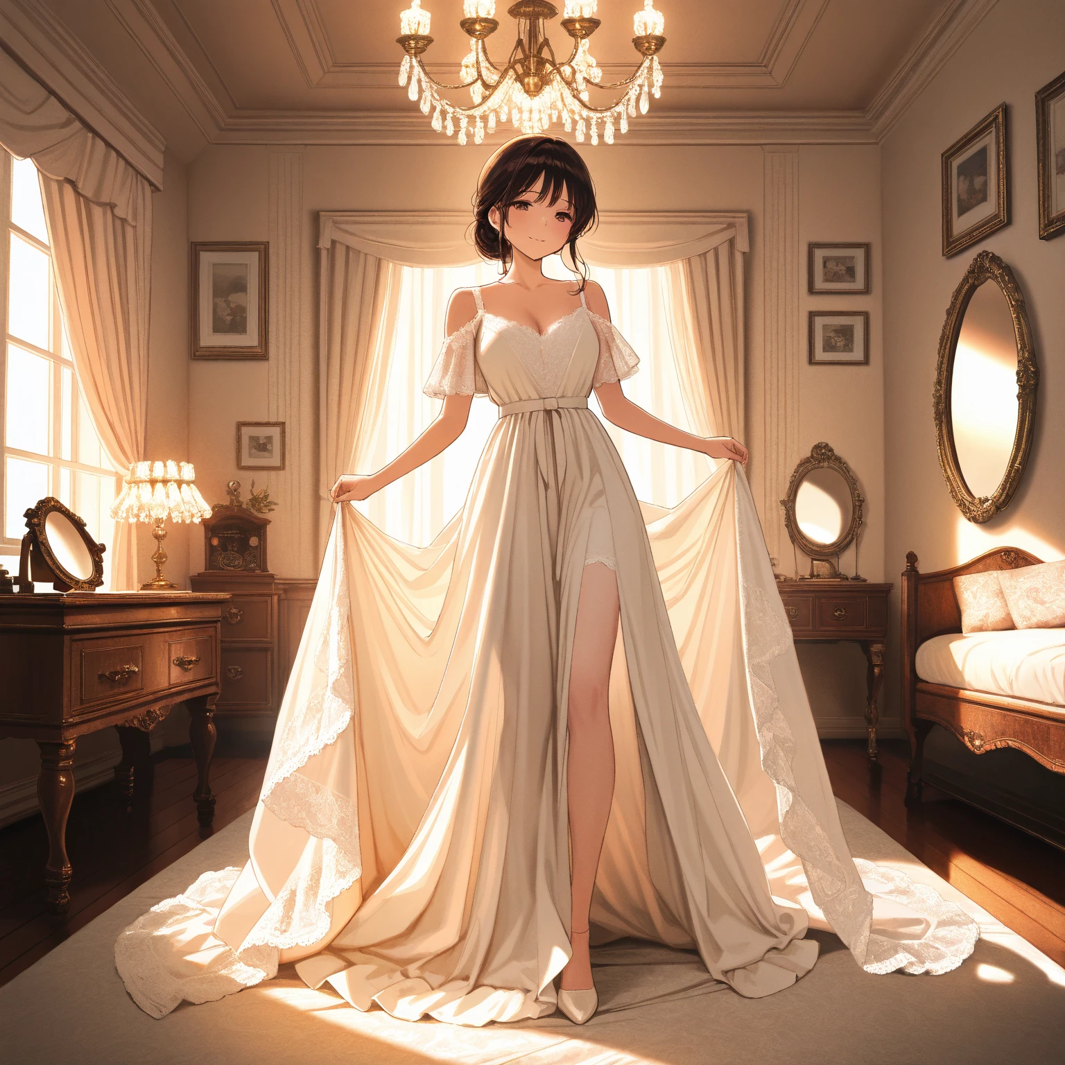 short-cut,solo,Innocent Girl,Healthy,Innocent,childish,White thin fabric dress,all-fours,Transparency,8k,high quality,finely detailed