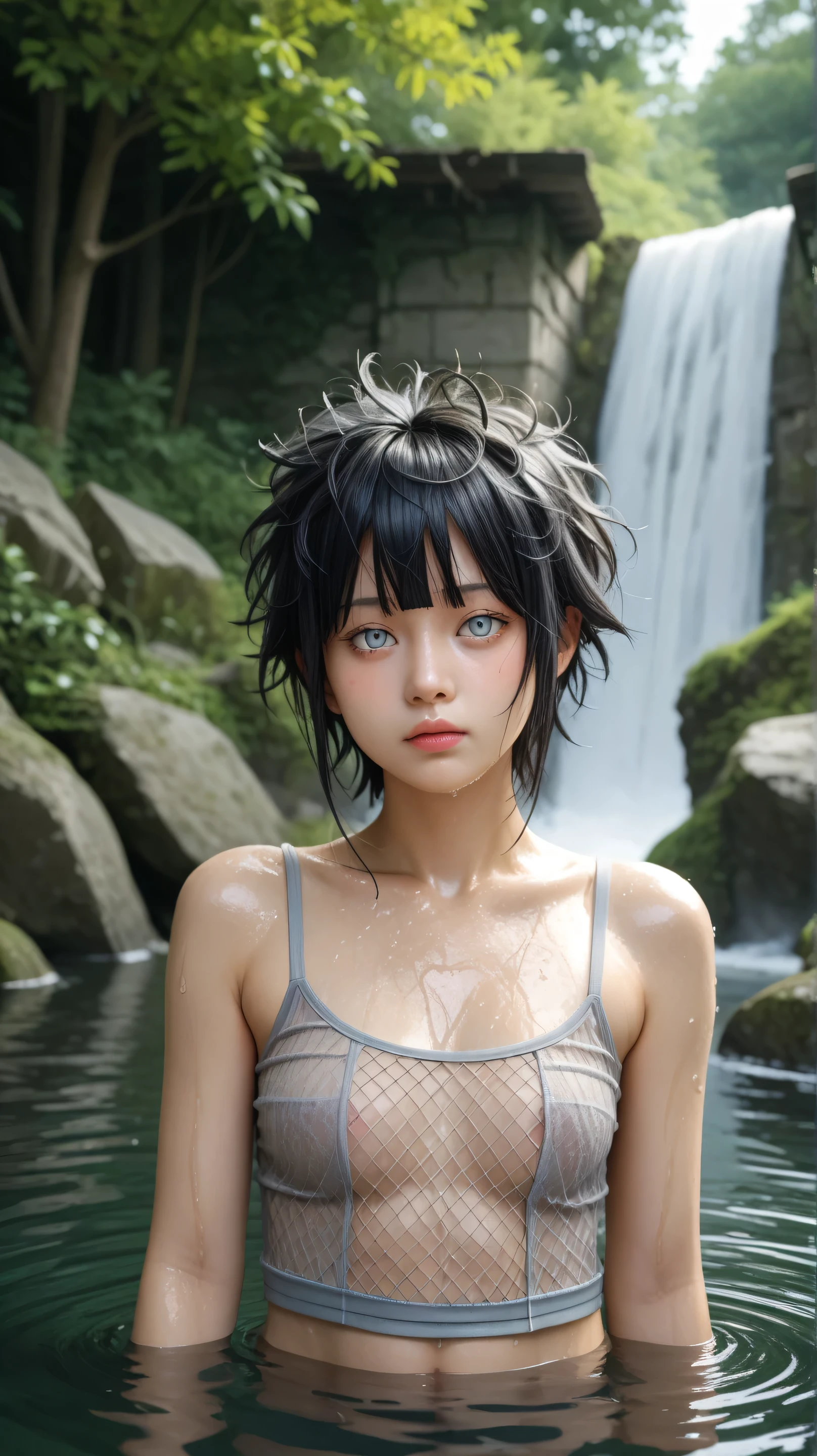 masterpiece, best quality, (realistic, photo-realistic:1.4), (RAW photo:1.2), extremely detailed CG unity 8k wallpaper, delicate and beautiful, amazing, finely detail, official art, absurdres, incredibly absurdres, huge filesize, ultra-detailed, extremely detailed, extremely detailed girl, extremely detailed eyes and face, light on face,little smile,hinata hyuuga,(blunt bangs:1.2),short hair,(dark blue hair:1.25),(wearing bra:1.3),(teen girl:1.7),close up,waterfall,(wet body:1.4)