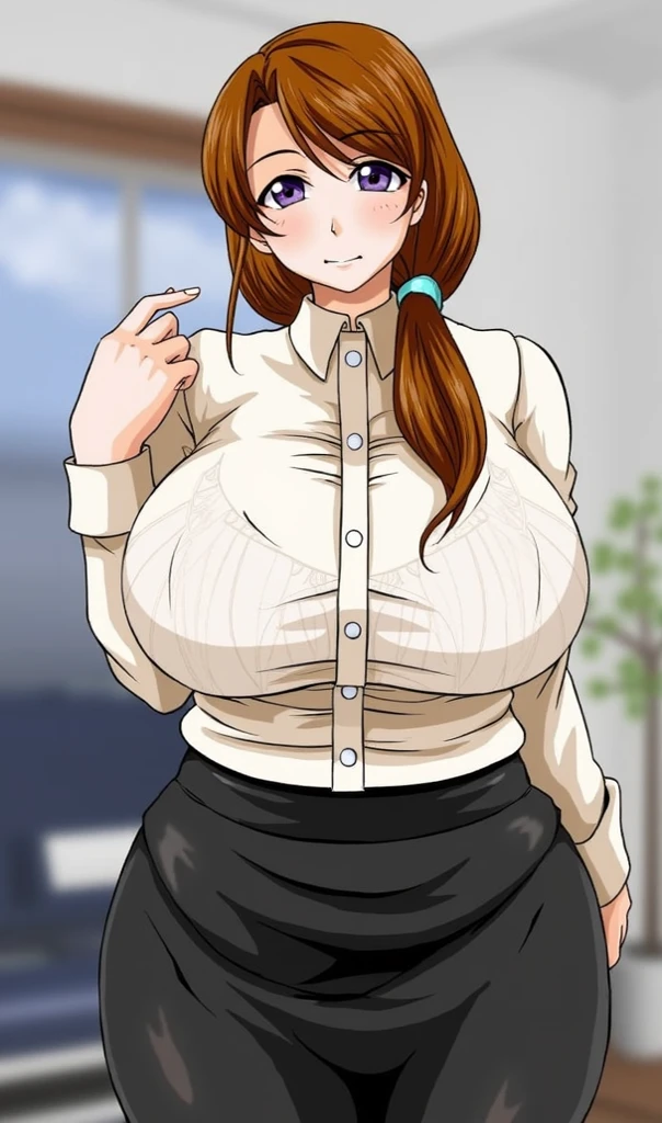 masterpiece, best quality, detailed face, detailed eyes, <lora:HUVictoria:0.5>, HUVictoria, brown hair, huge breasts, miniskirt, office lady, standing, pencil skirt, dress shirt, button gap, school, indoors, hallway, low ponytail, long hair, brown eyes, bra visible through clothes, pantyhose, 1girl, <lora:cts_a3:0.4>, contrapposto,