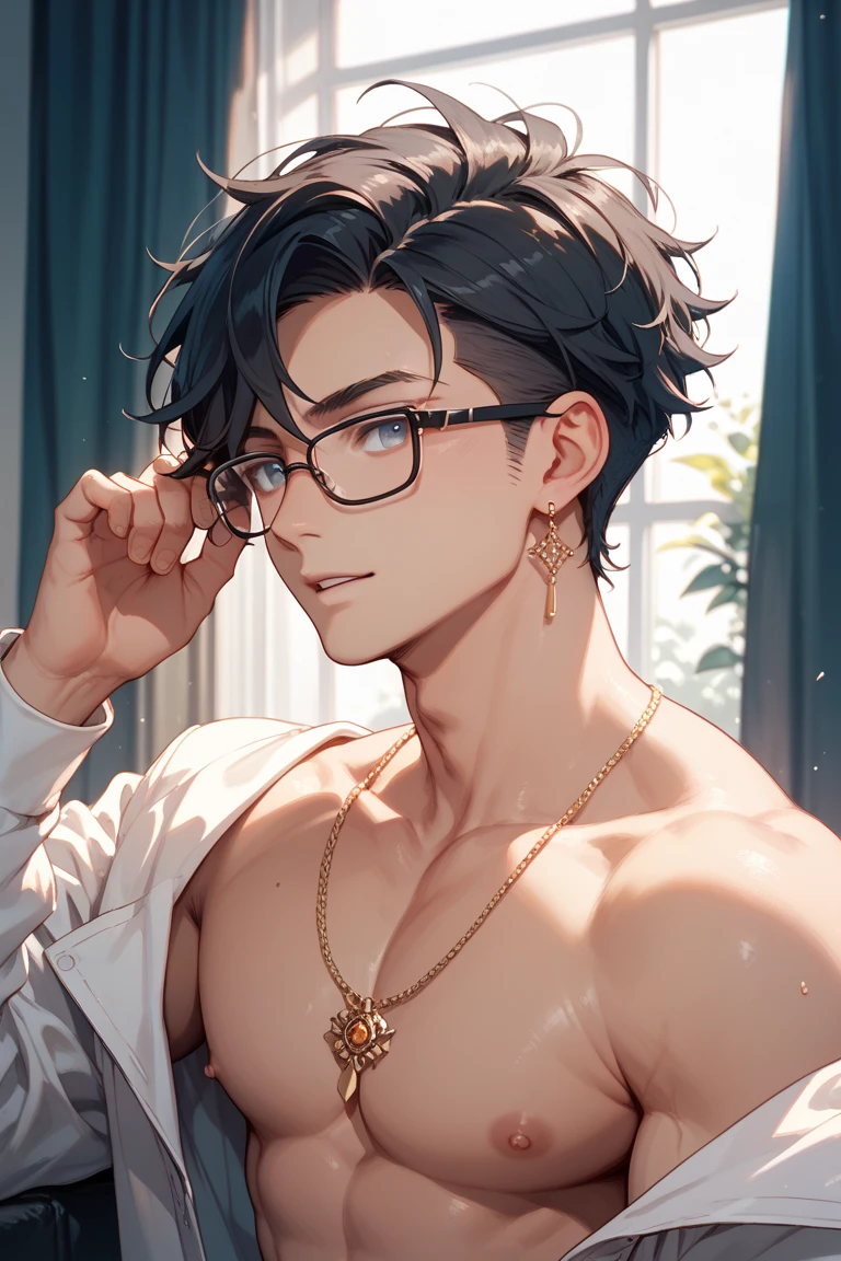 20-year-old male, Sweaters, chest muscle, Gold-framed glasses