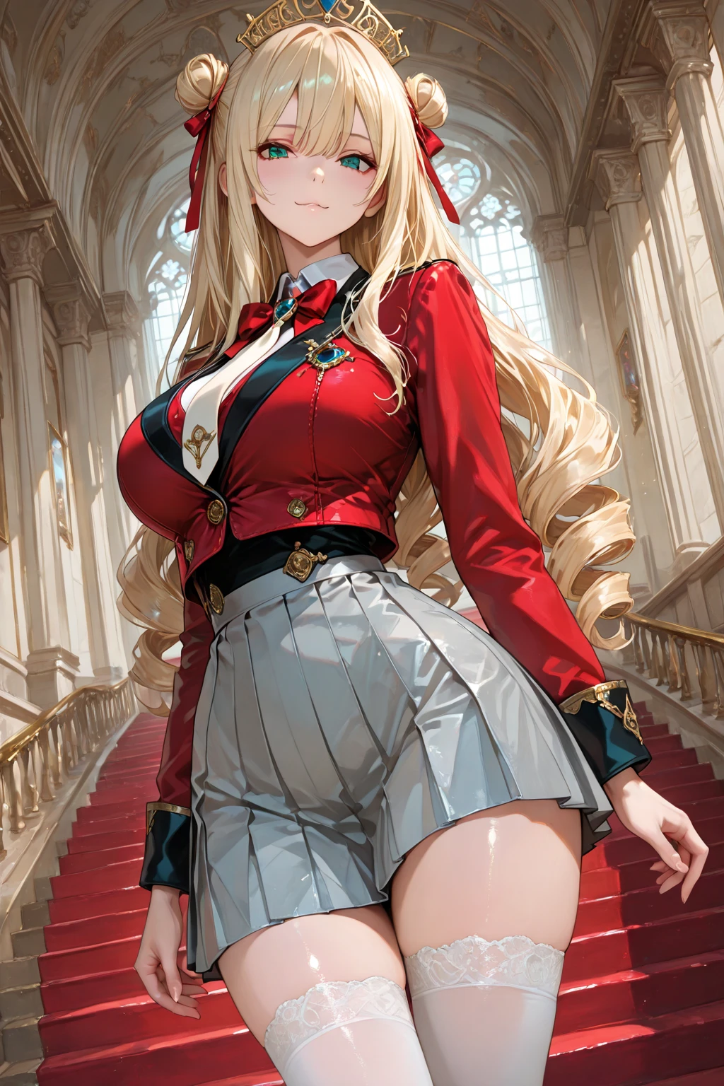 Woman saluting,Blonde,Long Hair,very red lips,Big Ass,Narrow waist,Long legs,Green Eyes Standing 8k(( A sloppy smile,The face we&#39;re looking for, Winking)), ,8k(( Anime Style, The facial expression is good, Anime Style緑色の眼, The facial expression is good:1.５)), Standing at the station, Morning, Beauty, soldier, uniform,spring,cherry blossoms,Looking at the camera, clear hand position, clear depiction of eyes
