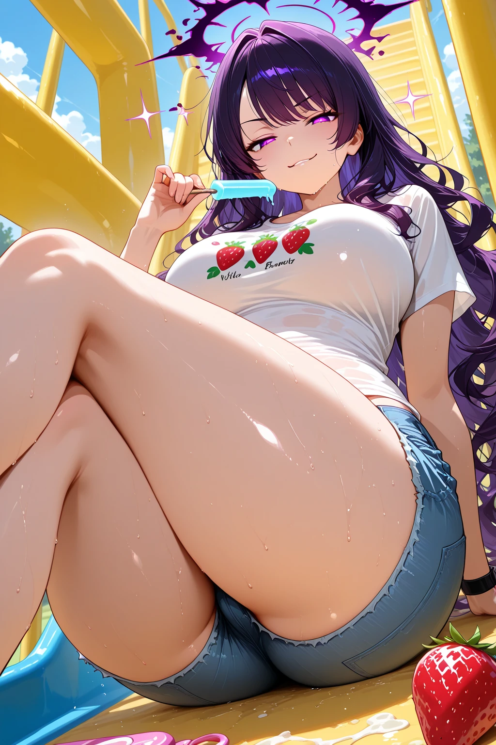 Anime girl wearing a hat and sitting on a bench, marin kitagawa fanart, Anime girl crouching, Cute girl anime visuals, Anime Moe Art Style, Purple Overalls Shorts, Official Art, baggy Purple Overalls Shorts, Young woman anime visual, High quality anime art style, Lucy anime girl, Official Artwork, nagatoro