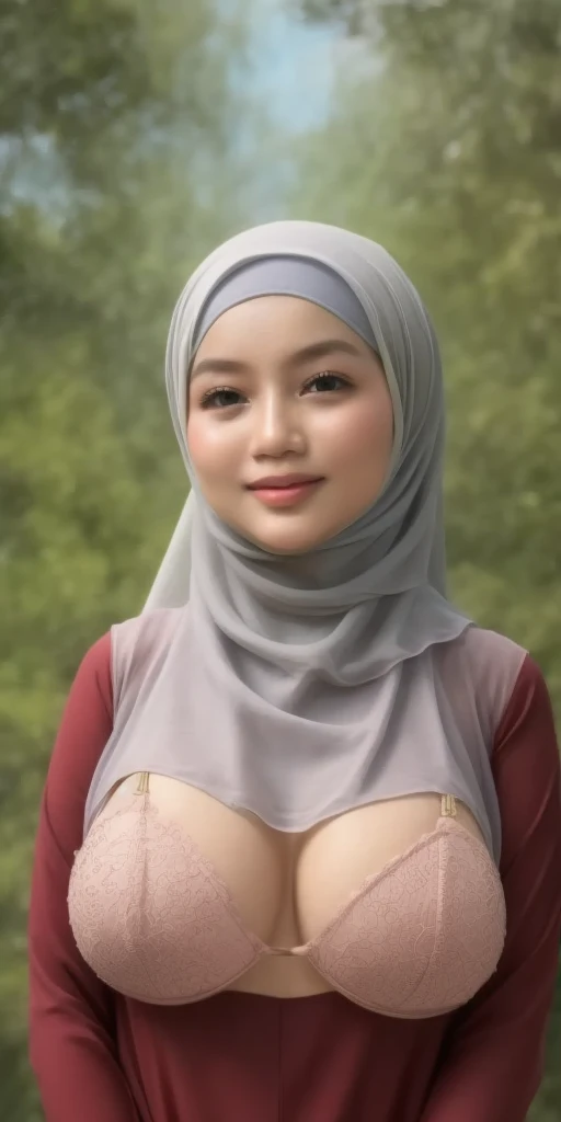 adorable, 1 girl, (face to face), 10 years old, baby face, happy, half body portrait, (face details: 1), (eye details: 1), ((big breasts)). wearing transparent softblue long shirt, hijab, .. Cute posed. proportional body. Ultra High Res. realistic: 1.4, UHD, (floral pattern)