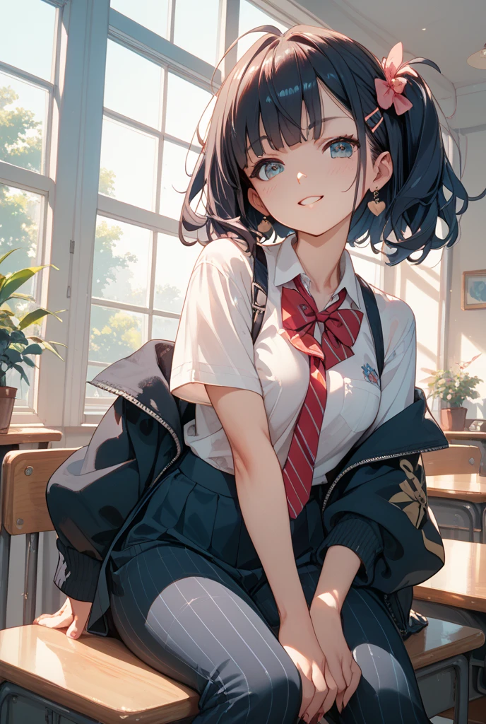 absurdres, RAW photo, extremely delicate and beautiful, masterpiece, Best Quality, ultra high resolution, 32k, hyperrealistic, ultra-detailed, perfect figure, in her 20s, very small head, very small face, delicate facial features, tearful mole, earring, huge breasts, legs, full body shot, medium hair, black hair, Colored inner hair, sweat, school_uniform,