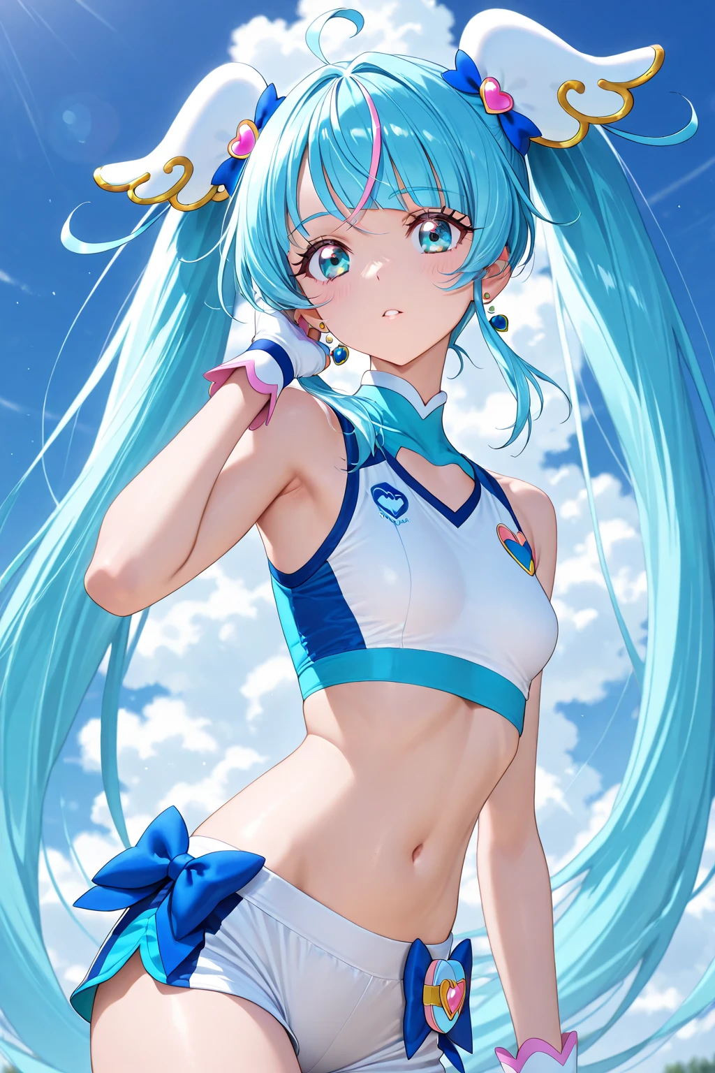 Beautiful girl with long light blue hair, twin tails, rhythmic gymnastics ribbon, cute leotard, bright smile
